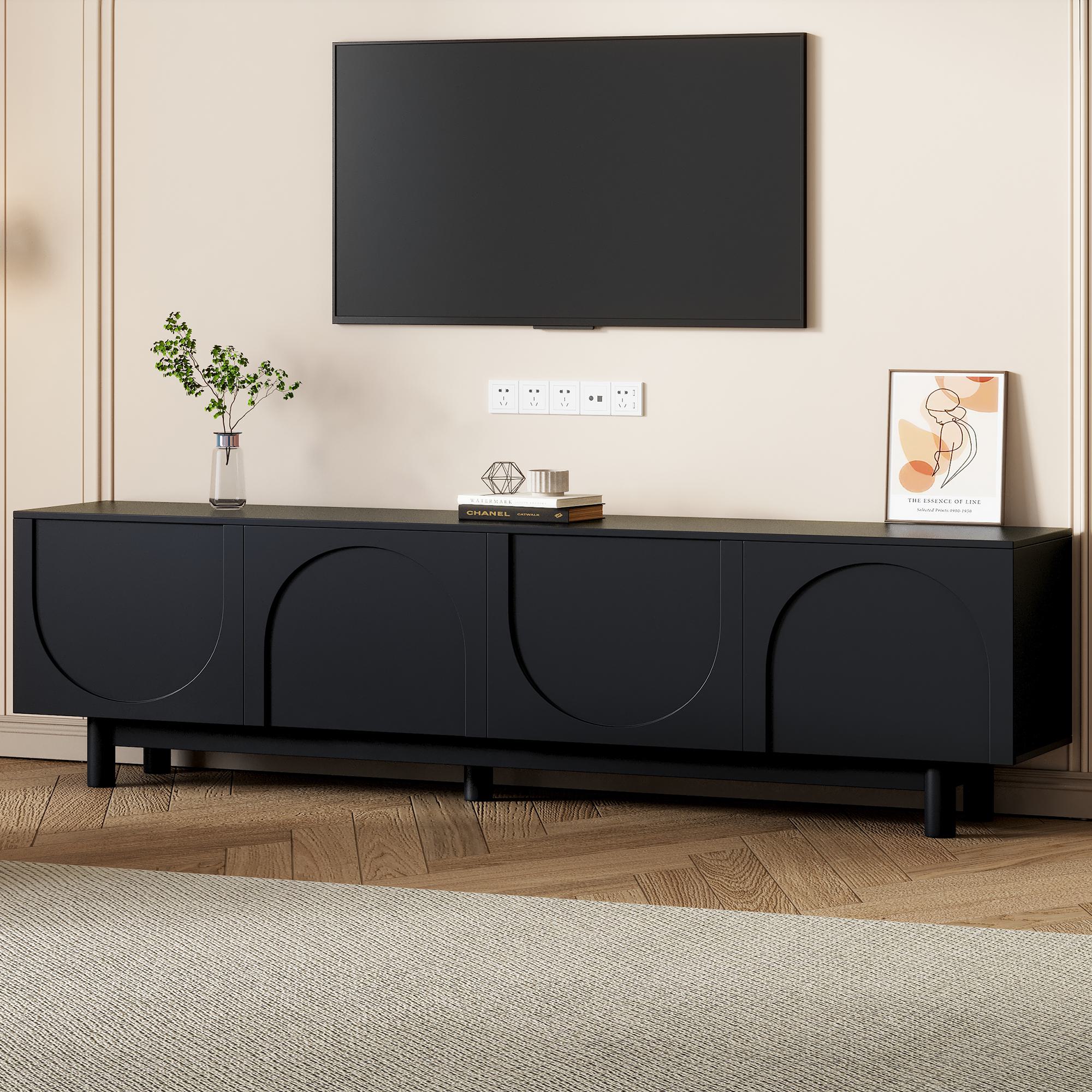 Graceful TV Stand with Arch Cabinets for TVs Up to 78", Minimalist Entertainment Center with Solid Wood Legs and Adjustable Shelves, Black