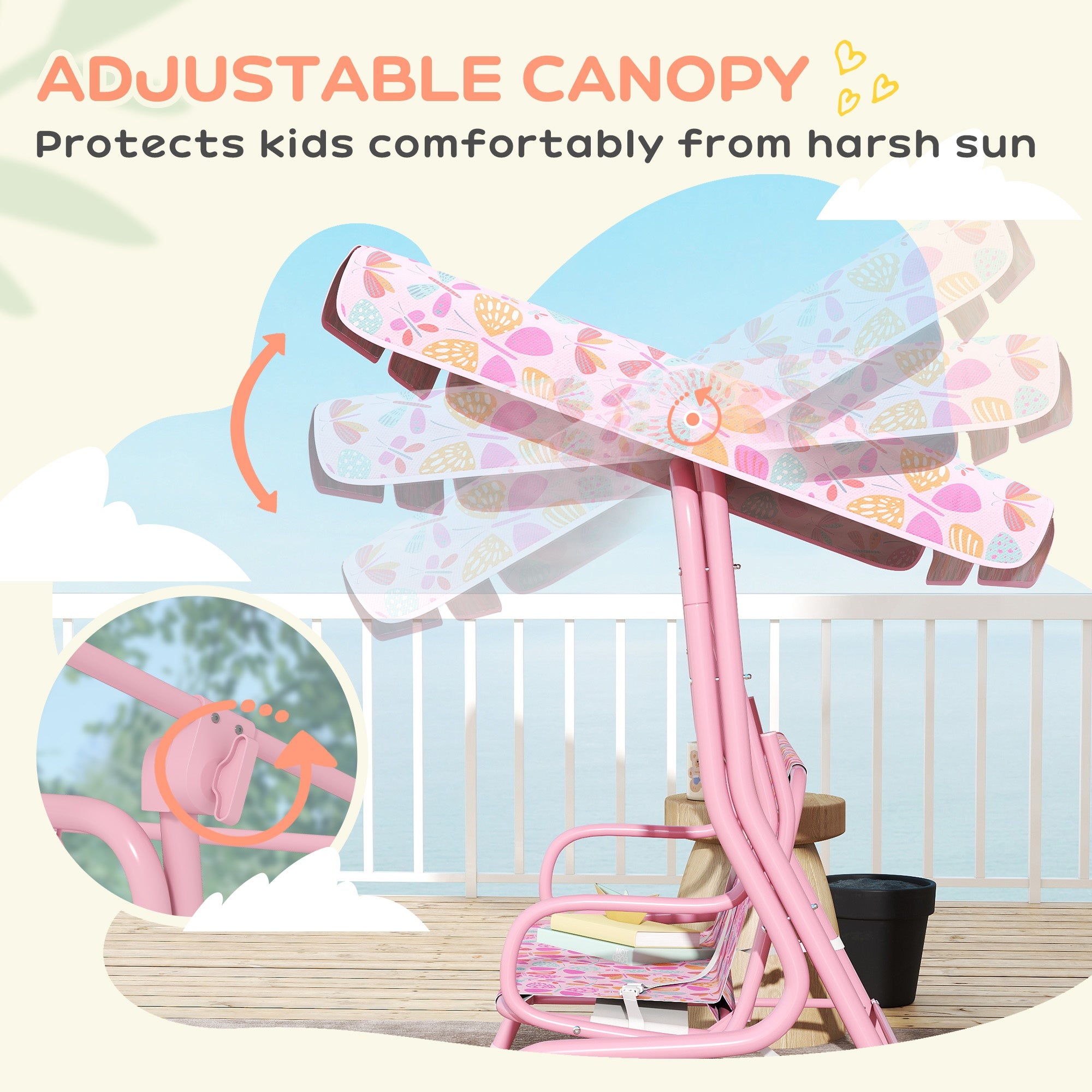 Kids Patio Swing, 2-Seater Outdoor Porch Swing with Safety Belt and Adjustable Canopy for Backyard Garden, Pink