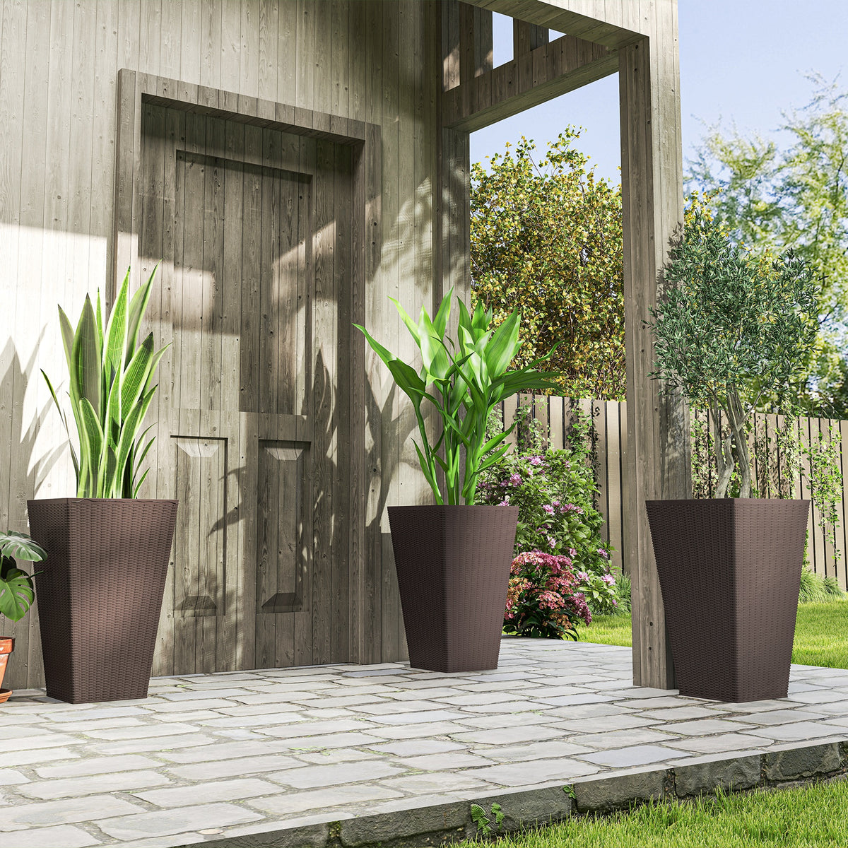 Set of 3 Tall Planters with Drainage Hole, 24" Outdoor Flower Plant Pots, Indoor Planters for Porch, Front Door, Entryway, Patio and Deck, Brown