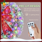 48in Flocked Pre-Lit Christmas Wreath with 3D Red Bow, 11 Lighting Modes, Front Door Christmas Wreath with Remote