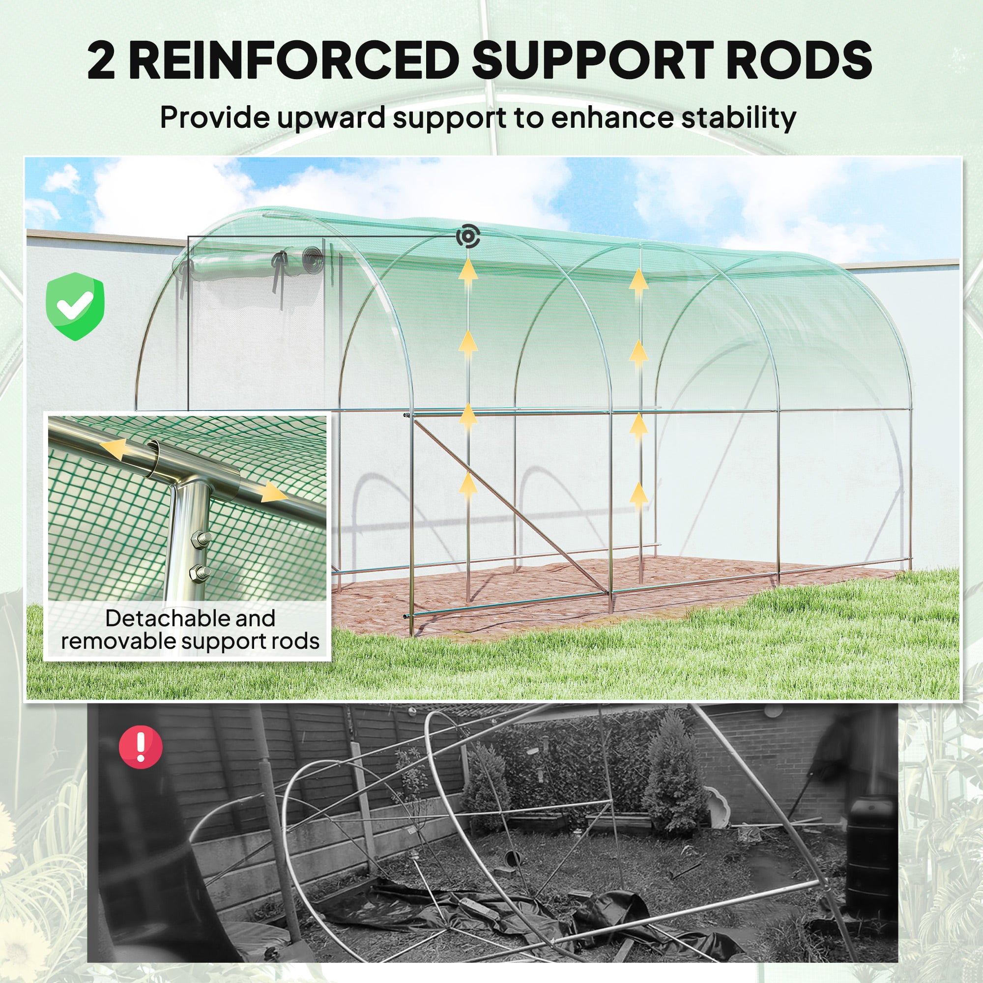 Hoop House Greenhouse, Walk-in Tunnel Greenhouse with 2 Support Rods, Zippered Roll-up Mesh Door, 14.6'x6.5'x6.6', Green