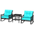 3 Piece Outdoor PE Rattan Rocker Chair Set, Rocking Chair with Tempered Glass Table Top, Turquoise Green