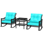 3 Piece Outdoor PE Rattan Rocker Chair Set, Rocking Chair with Tempered Glass Table Top, Turquoise Green
