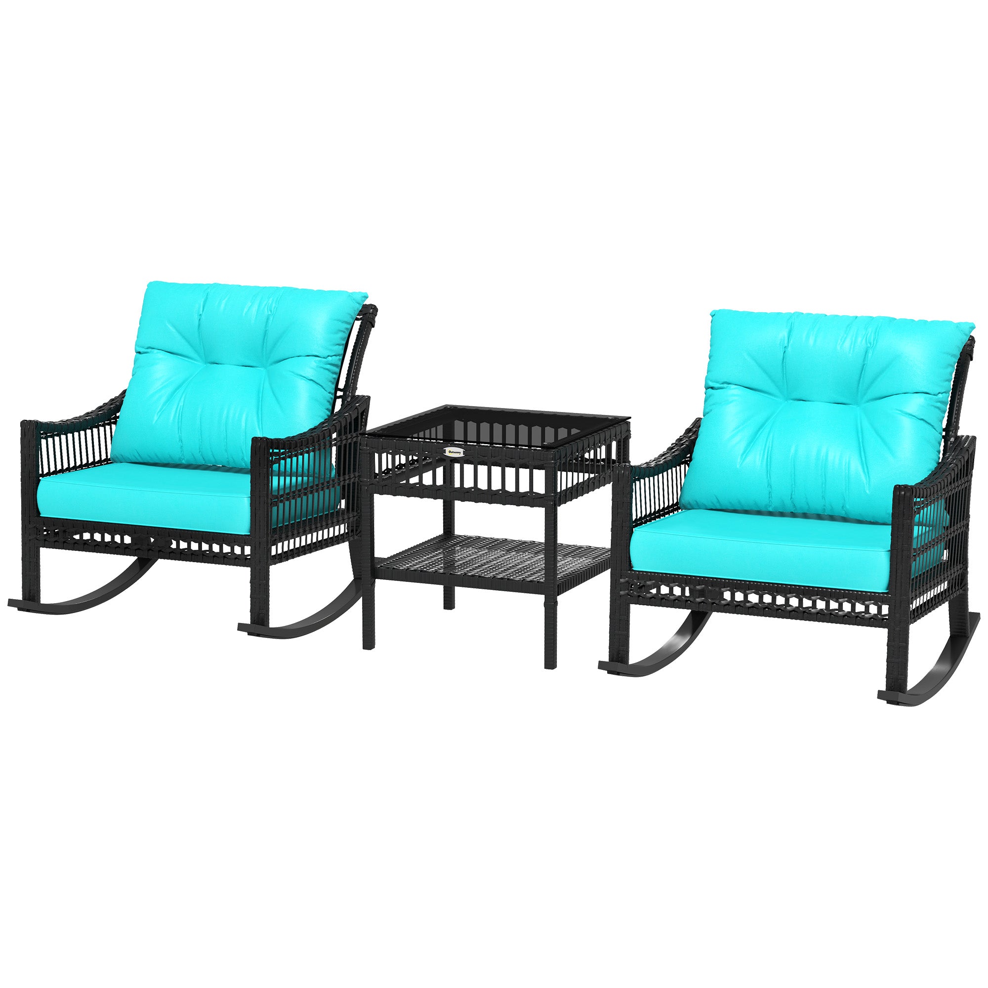 3 Piece Outdoor PE Rattan Rocker Chair Set, Rocking Chair with Tempered Glass Table Top, Turquoise Green