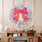 60in Flocked Pre-Lit Christmas Wreath with 3D Red Bow, 11 Lighting Modes, Front Door Christmas Wreath with Remote