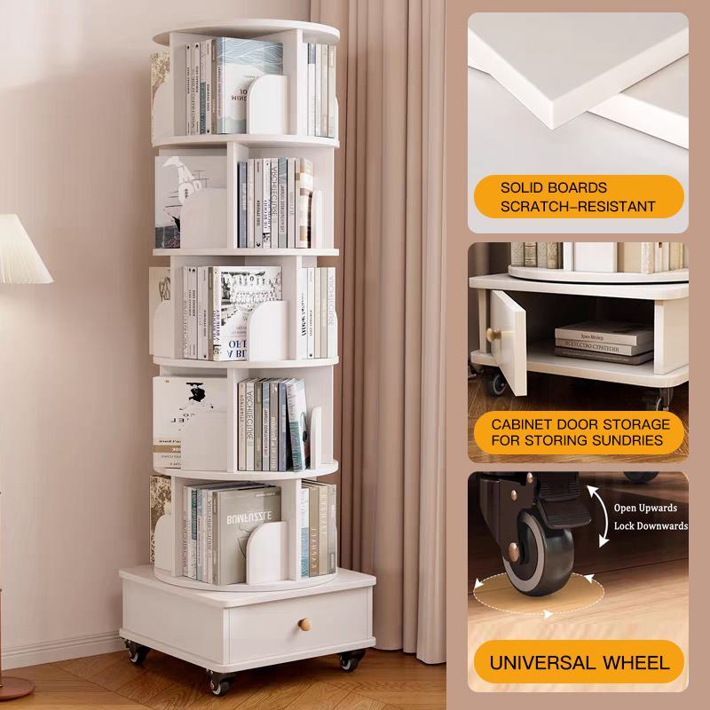 Rotating Bookshelf with Drawer and 360-Degree Display, Wood Narrow Book Shelf Organizer for Small Spaces, 18" L x 18" W x 69" H, White