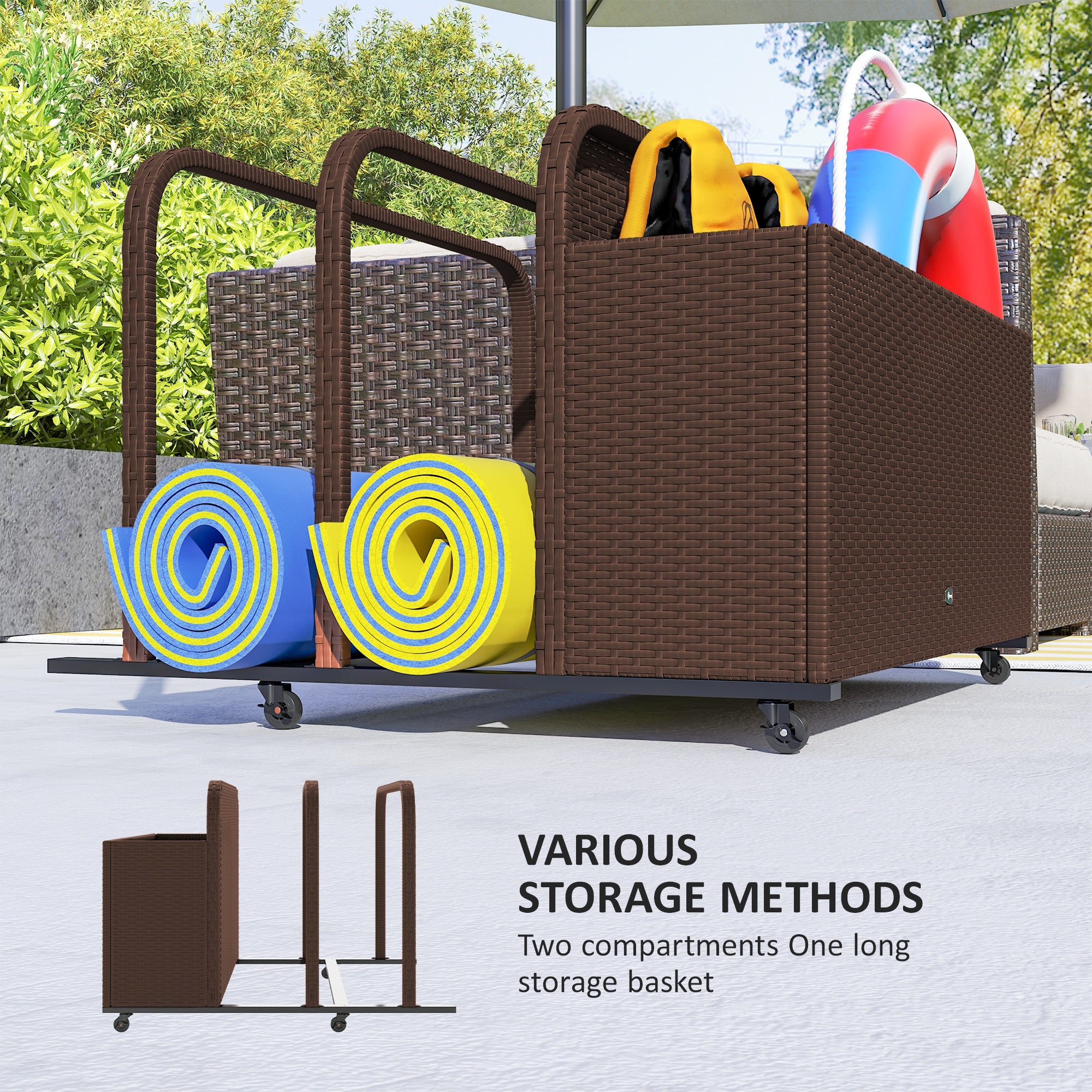 PE Rattan Pool Float Storage Organizer with Wheels, Brown