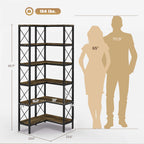 5-Tier L-Shaped Bookshelf, Freestanding Bookcase with Metal Frame, Rustic Brown