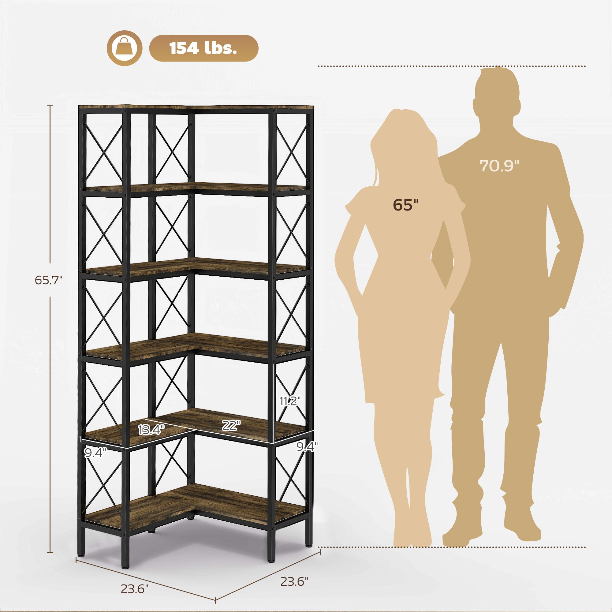 5-Tier L-Shaped Bookshelf, Freestanding Bookcase with Metal Frame, Rustic Brown