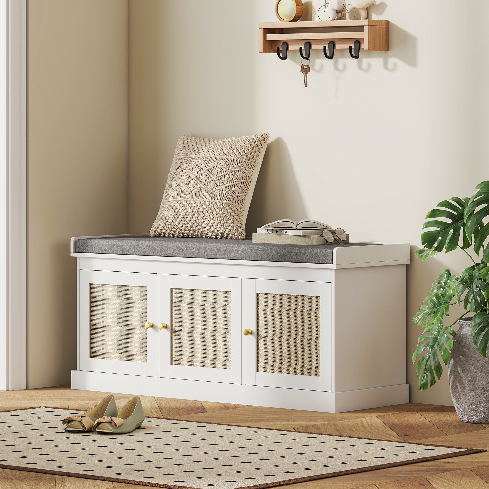 Shoe Storage Bench with Woven Rattan Doors, Shoe Bench with Cushion, Adjustable Shelves, Entryway Bench, White