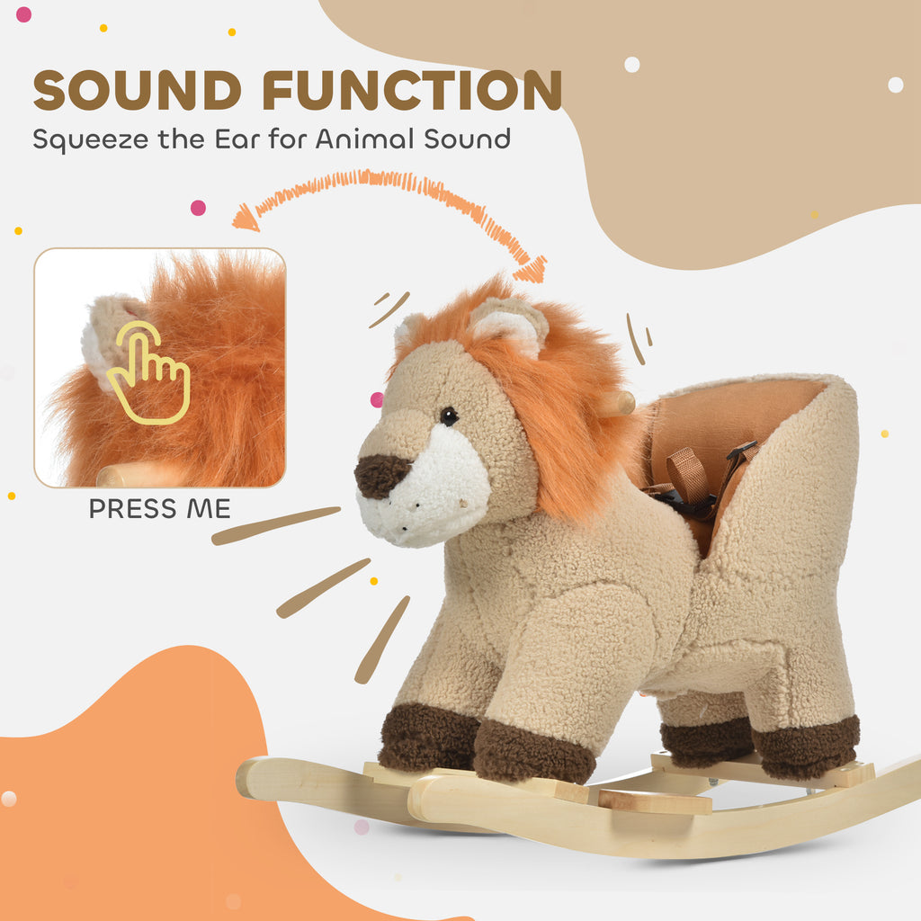 Baby Rocking Horse Lion with Sound, Plush Stuffed Rocking Animals, Wooden Rocking Horse with Seat Belt for 18-36 Months Boys and Girls Gift, Brown