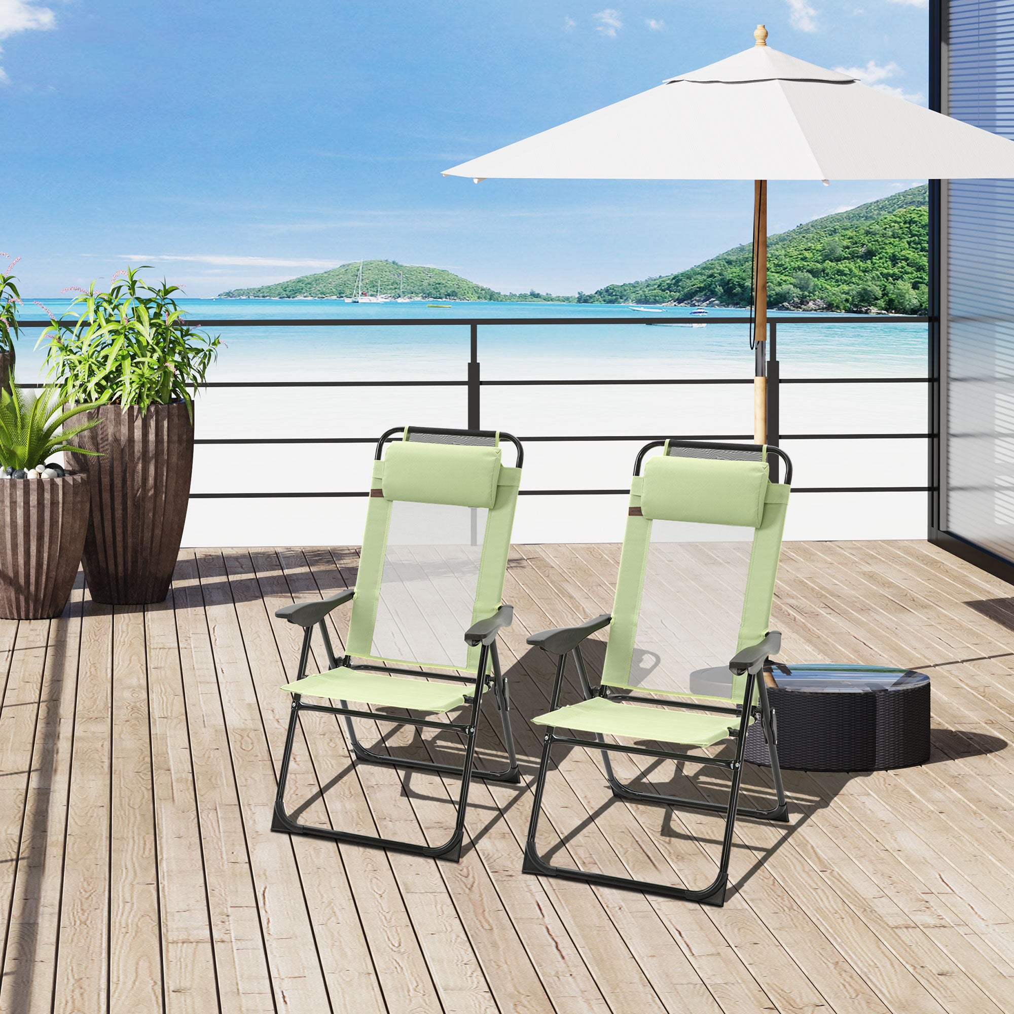 Set of 2 Portable Folding Outdoor Recliners w/ Adjustable Backrest, Green