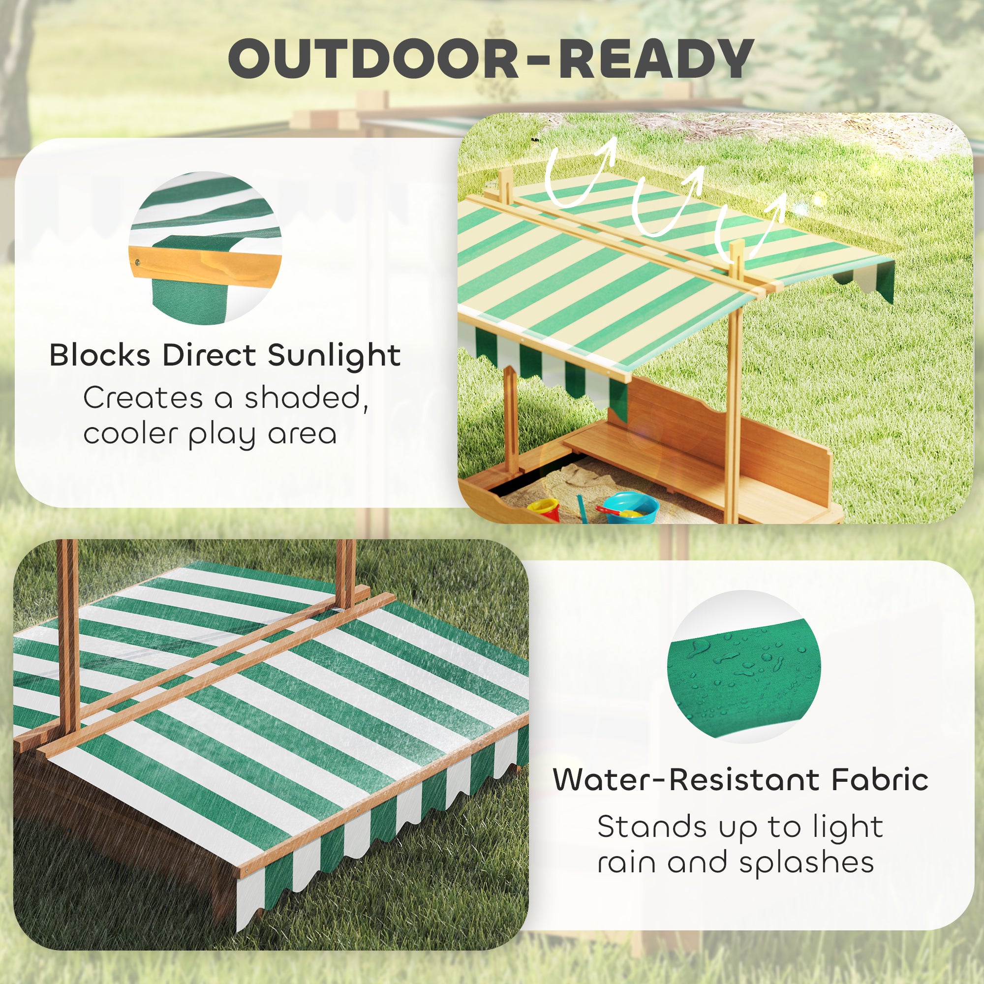 Wooden Kids Sandbox with Cover, Children Outdoor Sand Box with Foldable Bench Seats and Adjustable Canopy