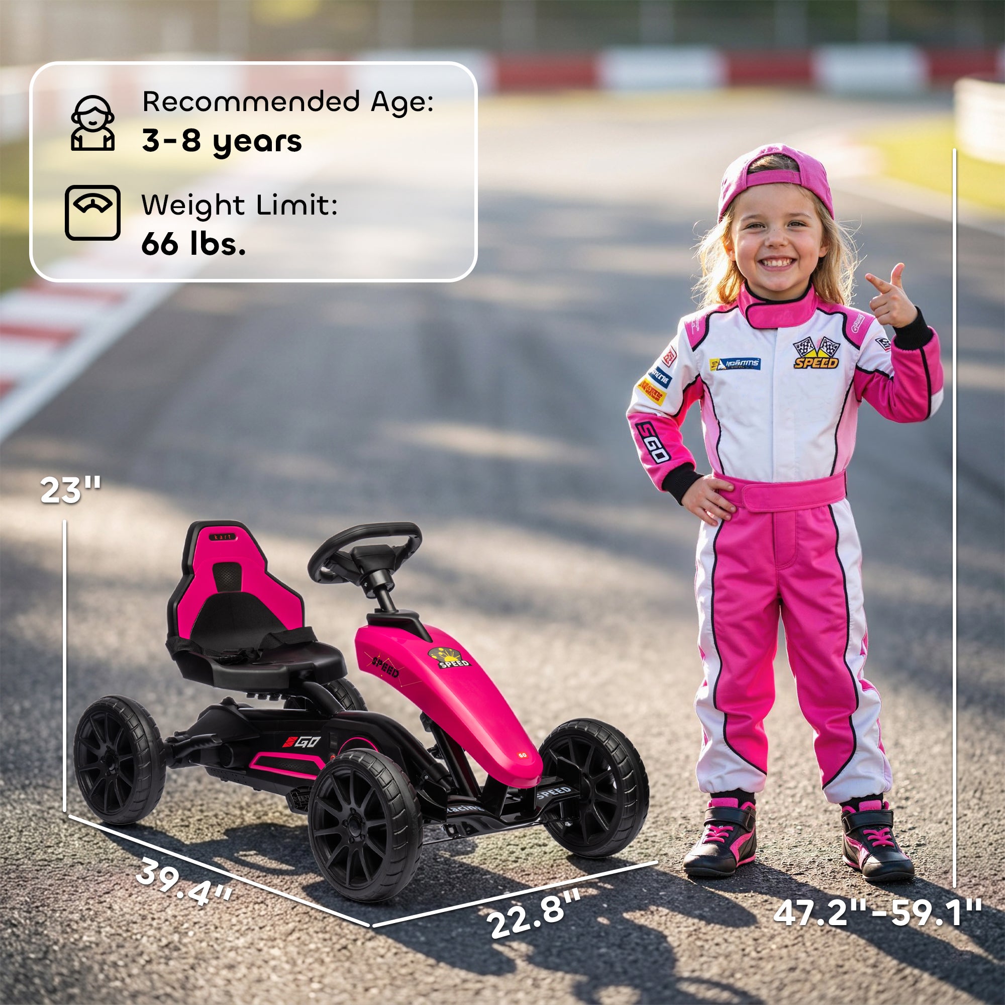 Kids Pedal Go Kart w/ Swing Axle, Shock-Absorbing Wheels, Pink
