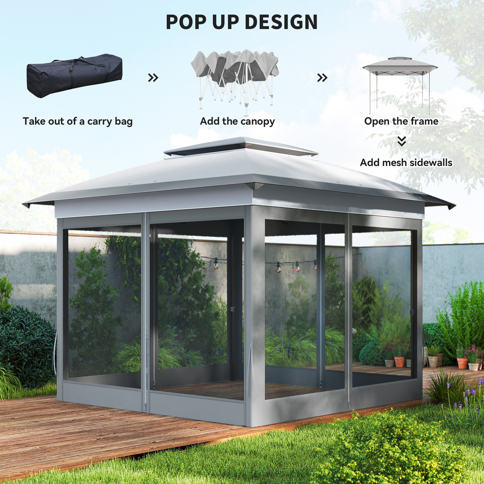 12' x 12' Pop Up Canopy Tent with Netting and Carry Bag, Instant Sun Shelter with 137 sq.ft Shade, Tents for Parties, Height Adjustable, for Outdoor, Garden, Patio, Gray