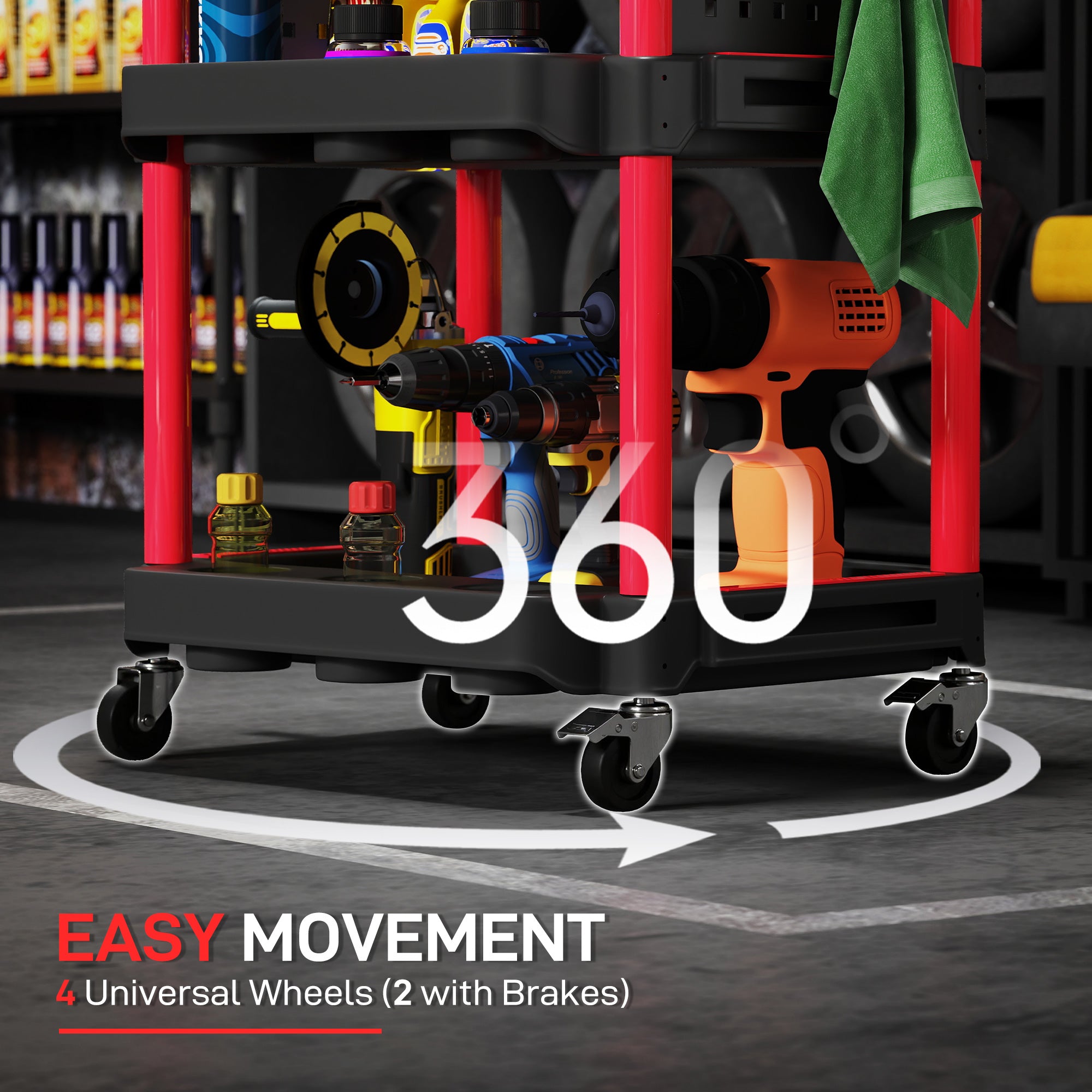 3-Tier Rolling Tool Cart, 200 LBS Capacity Plastic Utility Cart with Side Shelves for Garage Workshop, Black and Red