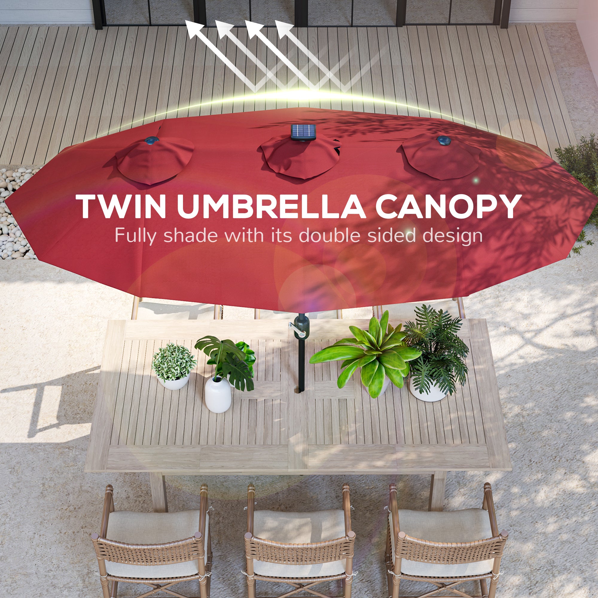 Double-sided Patio Umbrella, 9.7' Outdoor Umbrella with Tilt and Crank, LED Solar Light and 12 Ribs, Wine Red