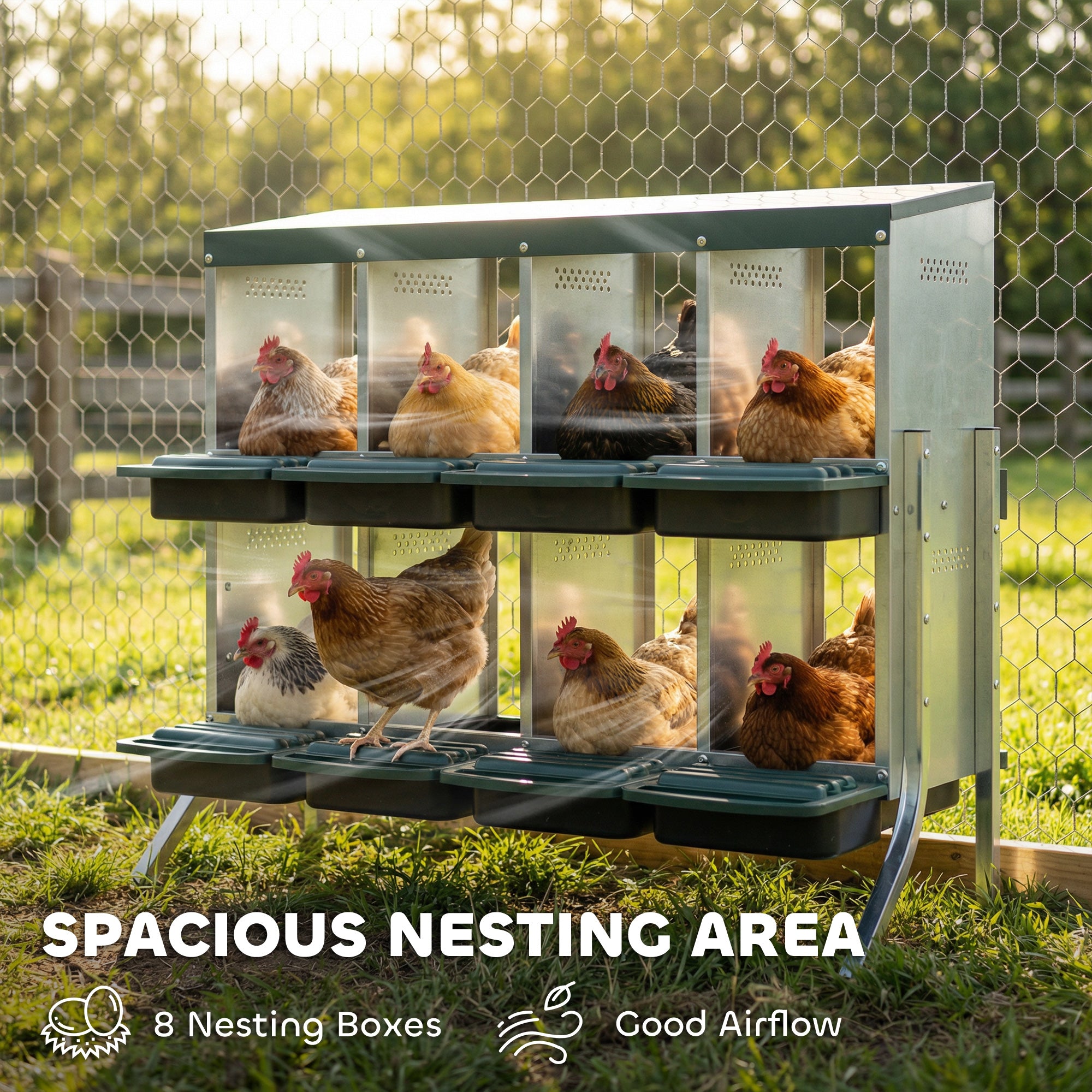 Chicken Nesting Boxes, 8 Compartment Metal Nesting Boxes for Chickens, Two-Tier Egg Laying Boxes with Vented Holes