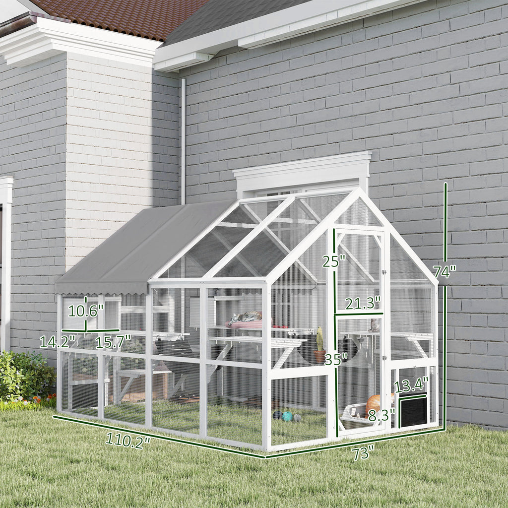 Wooden Catio Outdoor Cat Enclosure with Waterproof Cover, 2 Condos, 6 Platforms, Bridge, Doors, White