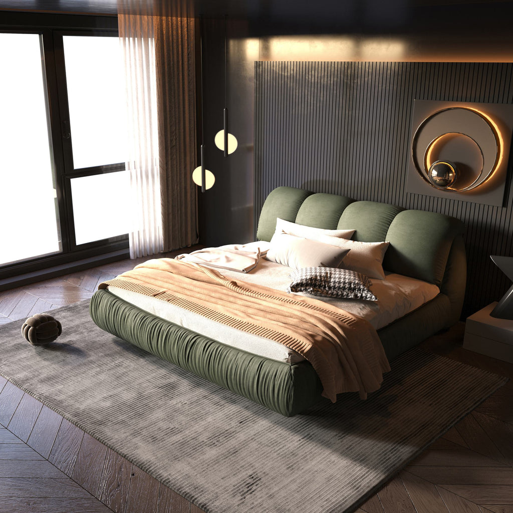 Queen Size Upholstered Bed with Oversized Padded Backrest, Solid Wood Frame, Adjustable Mattress Heights, 96.5" L x 70" W x 43.5" H, Green