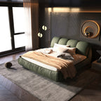 Queen Size Upholstered Bed with Oversized Padded Backrest, Solid Wood Frame, Adjustable Mattress Heights, 96.5" L x 70" W x 43.5" H, Green