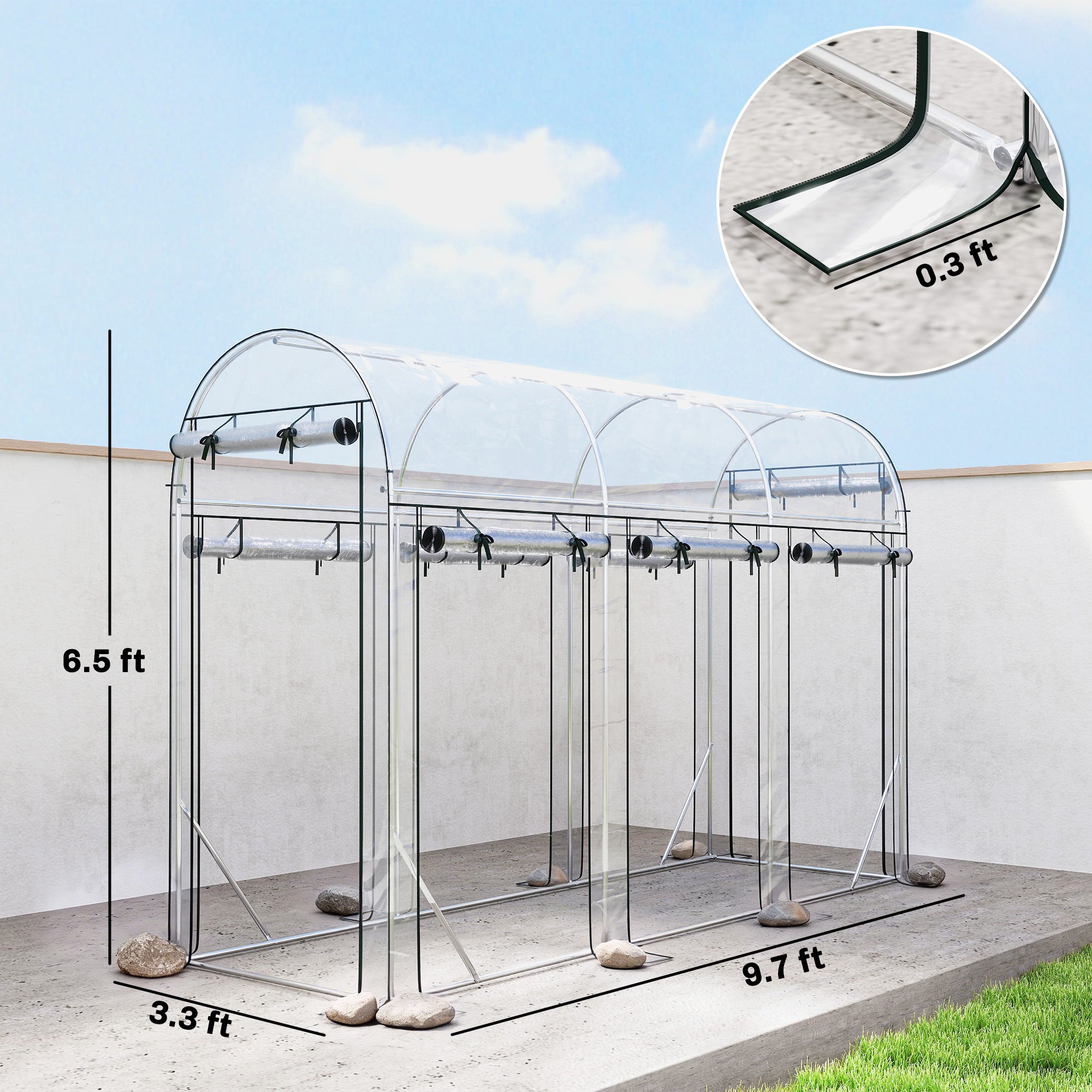 Walk-in Tunnel Greenhouse, Hoop House Greenhouse with 8 Roll-Up Doors, 10' x 3' x 6.5', Clear
