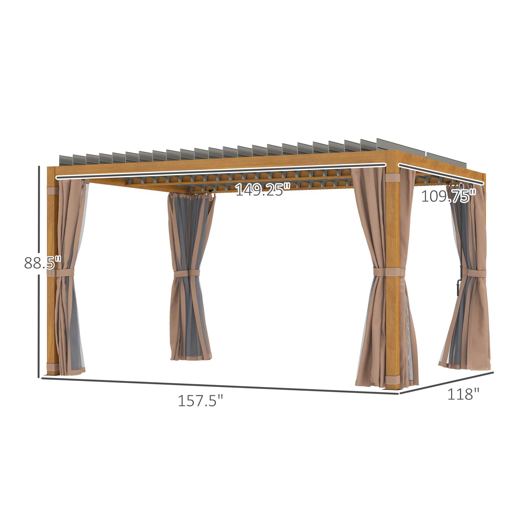 10' x 13' Outdoor Retractable Pergola w/ Sun Shade Louvered Top, Pergola w/ Canopy, Curtains, Netting, Natural Wood