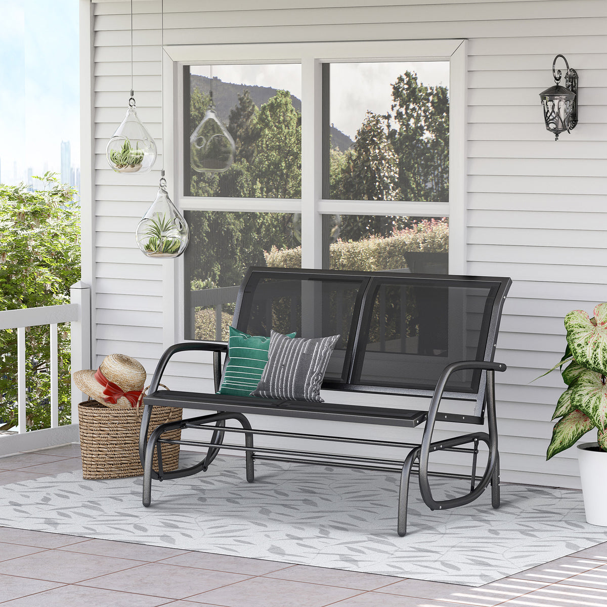 2-Person Outdoor Glider Bench, Patio Double Swing Rocking Chair Loveseat w/Powder Coated Steel Frame for Backyard Garden Porch, Black
