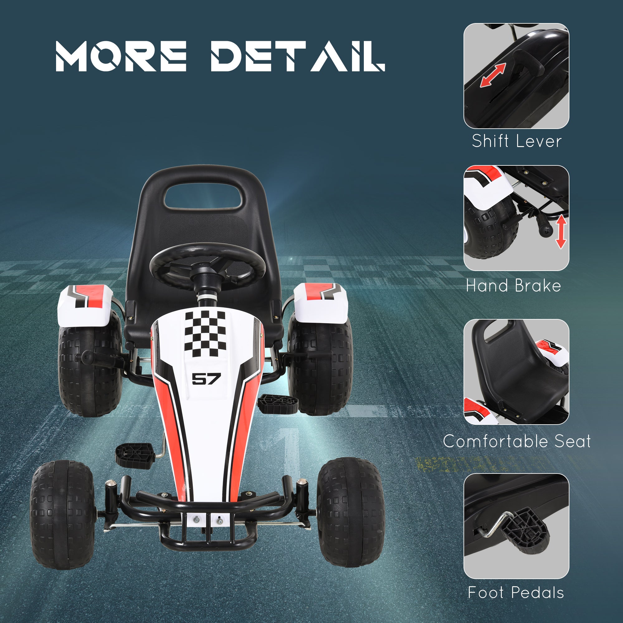 Pedal Go Kart Children Ride on Car Racing Style with Adjustable Seat, Plastic Wheels, Handbrake and Shift Lever, White