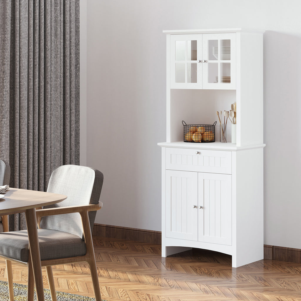 Kitchen Buffet Hutch Cabinet, Freestanding Kitchen Pantry Storage Cabinet Cupboard with Framed Glass Door, Drawer and Microwave Space, White