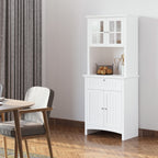 Kitchen Buffet Hutch Cabinet, Freestanding Kitchen Pantry Storage Cabinet Cupboard with Framed Glass Door, Drawer and Microwave Space, White