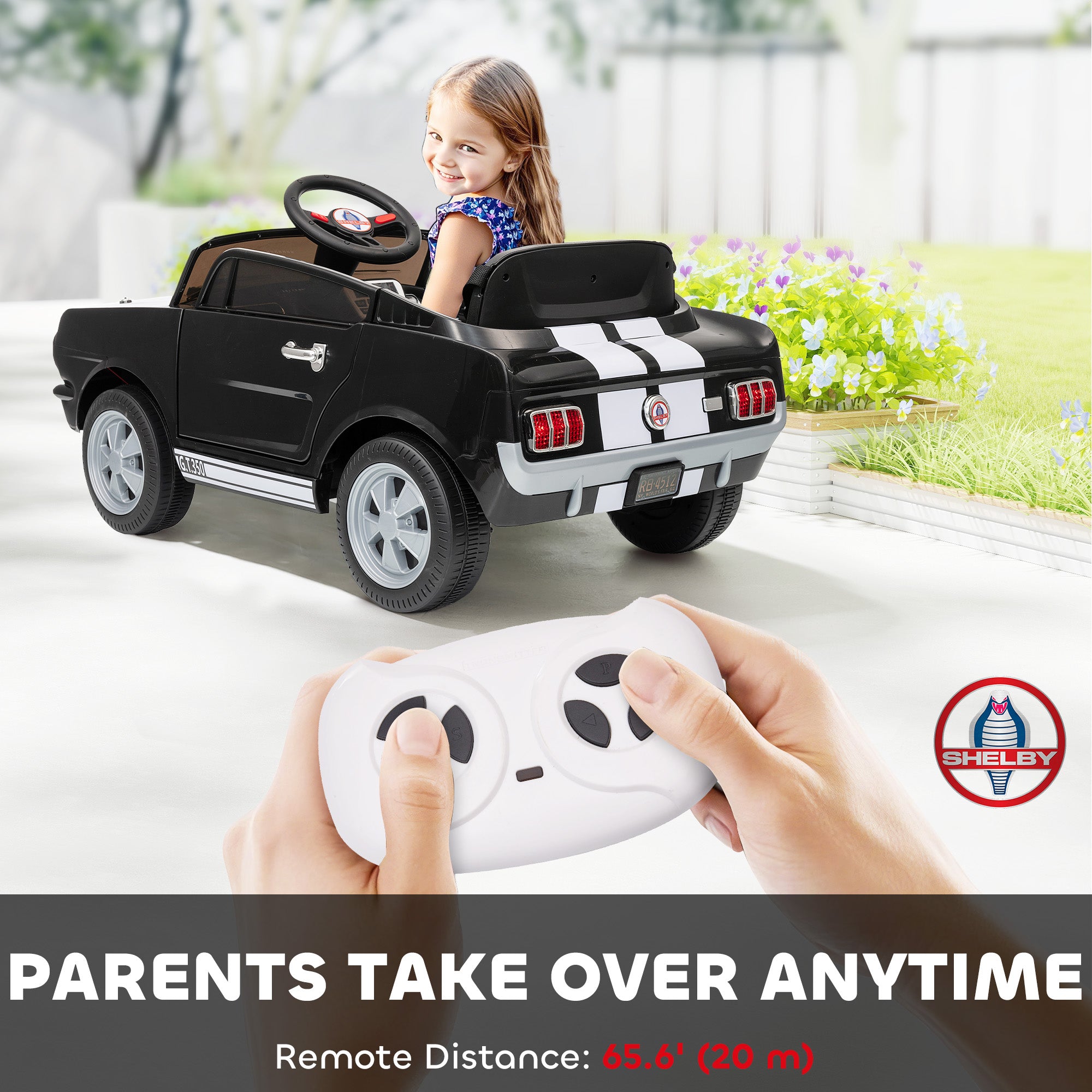 Licensed Shelby GT 350 Kids Ride On Car with Remote Control, Adjustable Speed, MP3, Smooth Start, LED Lights, Black