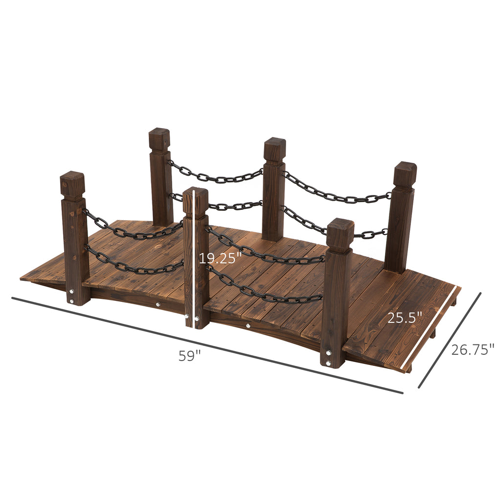 5 ft Wooden Garden Bridge Arc Footbridge with Metal Chain Railings & Solid Fir Construction, Carbonized