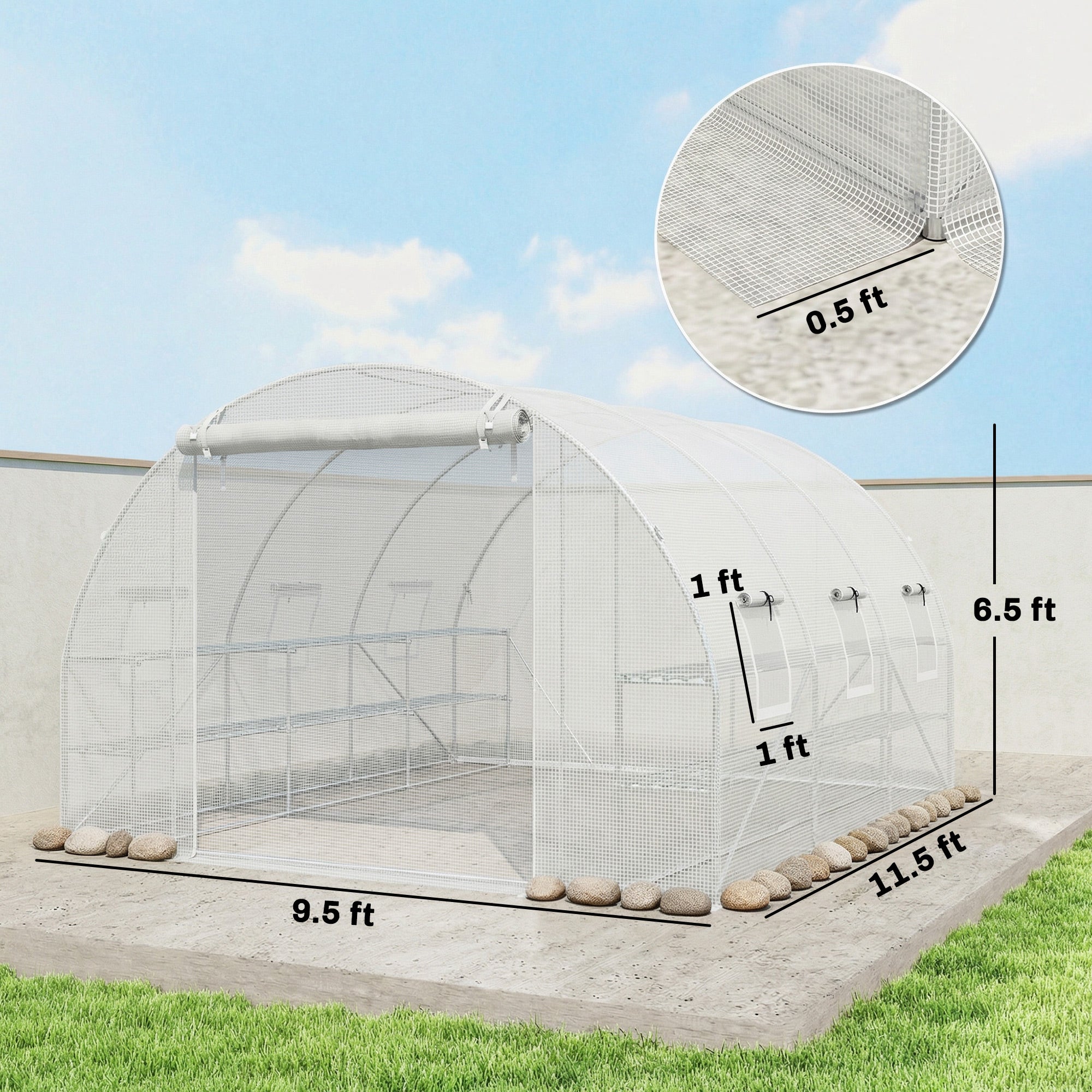 10'x11'x6' Walk-in Tunnel Greenhouse with Shelves, Mesh Door and Windows, Hoop House Greenhouse with PE Cover, White