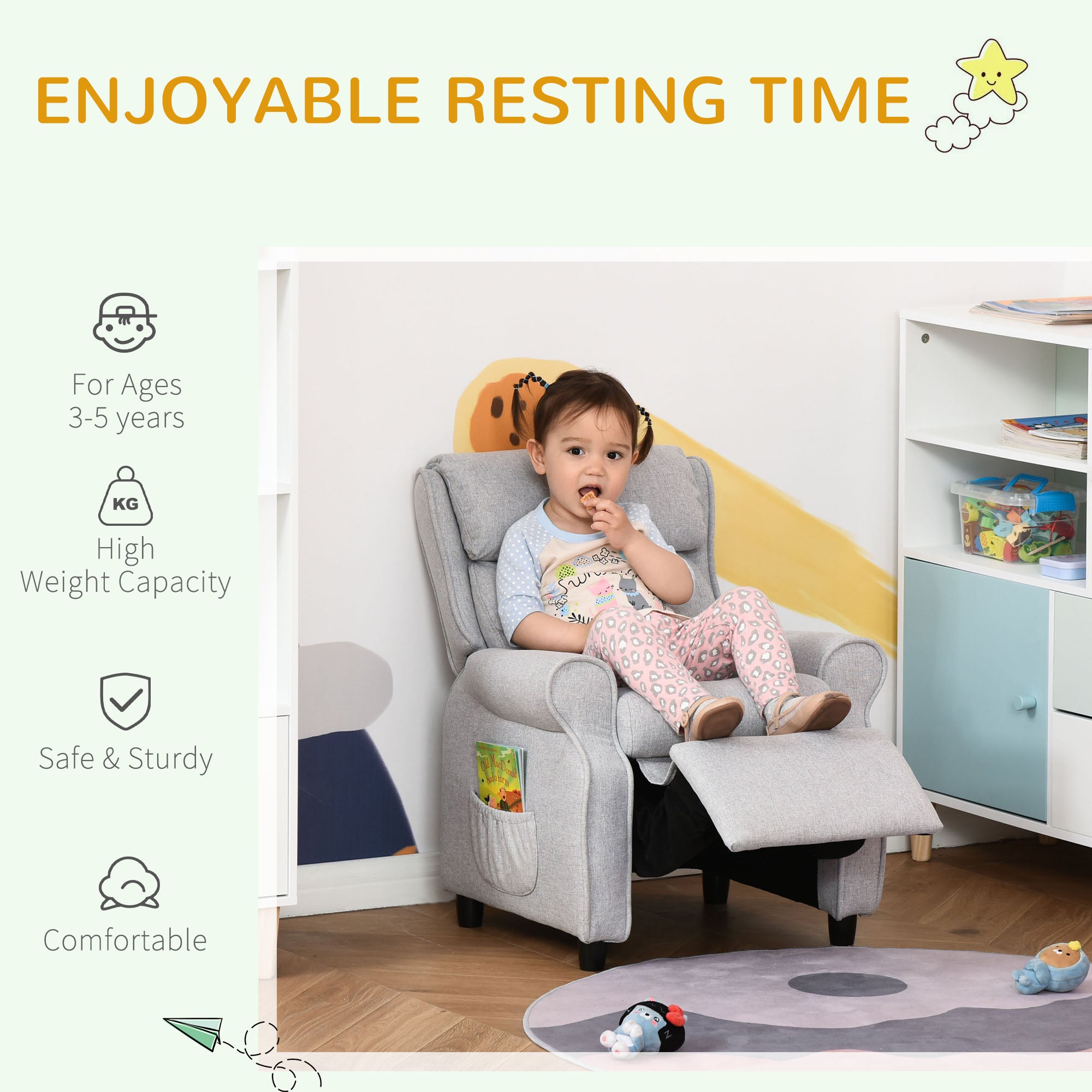 Kids Recliner Chair Children Sofa Angle Adjustable Single Lounger Armchair Gaming Chair with Footrest 2 Side Pockets for 3-5 Years, Light Grey