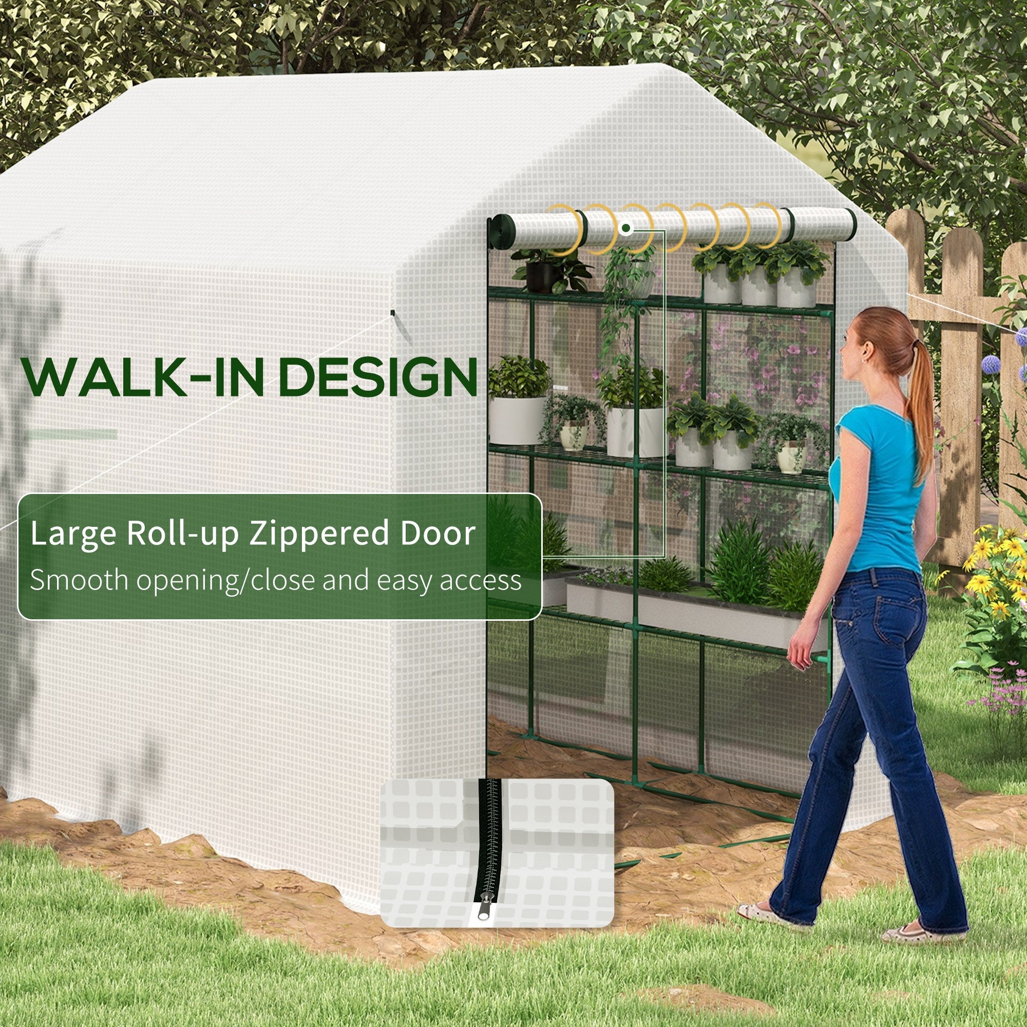 Outdoor Walk-in Greenhouse with Roll-up Zipper Door, 18 Shelves, PE Cover, 95.25" x 70.75" x 82.75", White