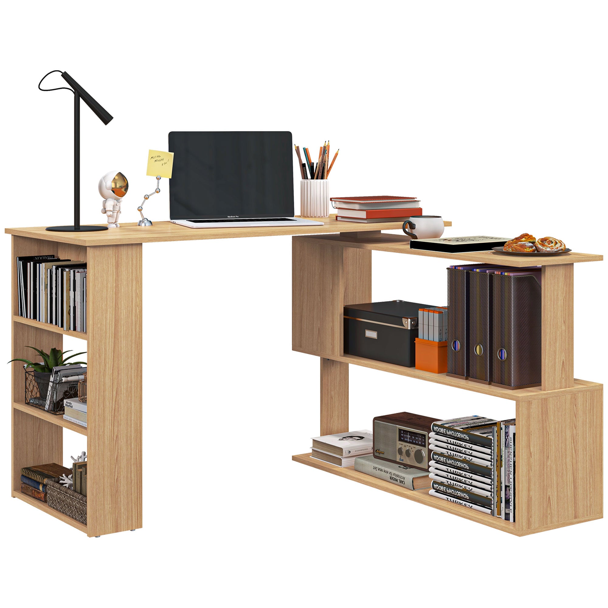 L Shaped Corner Desk, 360 Degree Rotating Home Office Desk with Storage Shelves, Writing Table Workstation, Maple