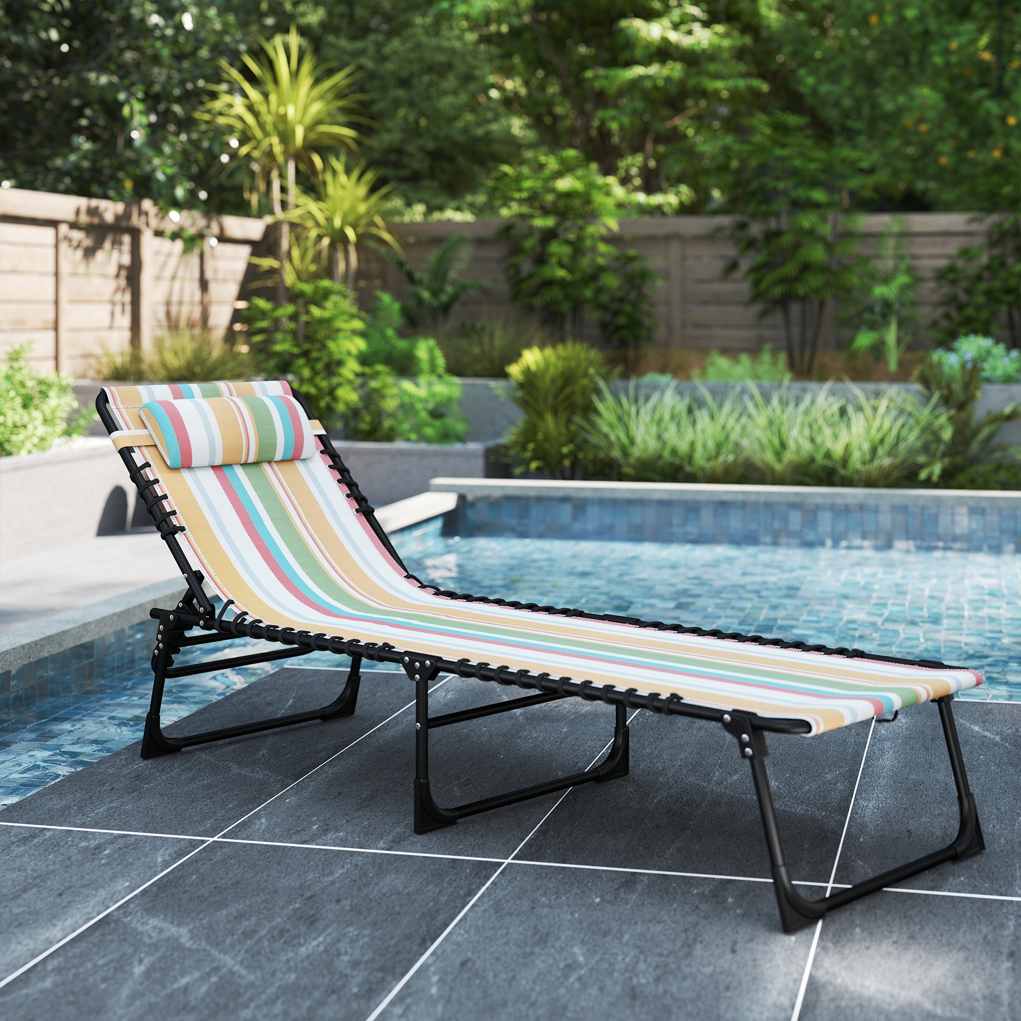 Folding Chaise Lounge Pool Chair with 4-Position Reclining Back, Pillow, Breathable Mesh & Bungee Seat, Rainbow Striped