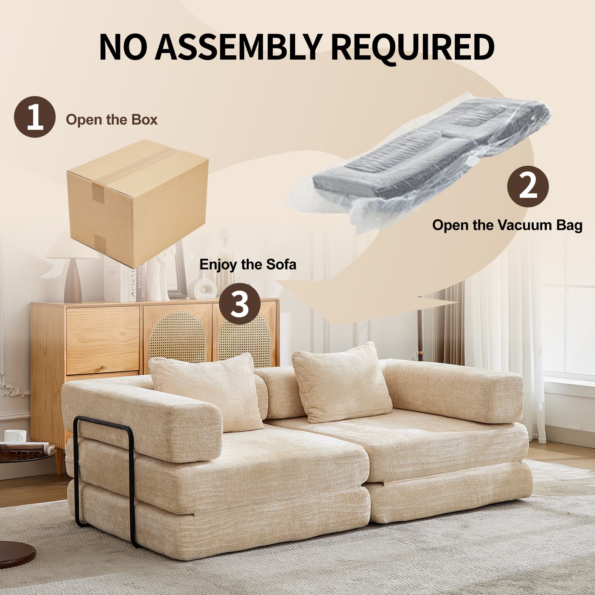 Convertible Sofa Bed Floor Sofa with Fixed-Shape Frame and Chenille Fabric, Compressed Sofa for Living Room, 79" L x 39.5" W x 25" H, Beige