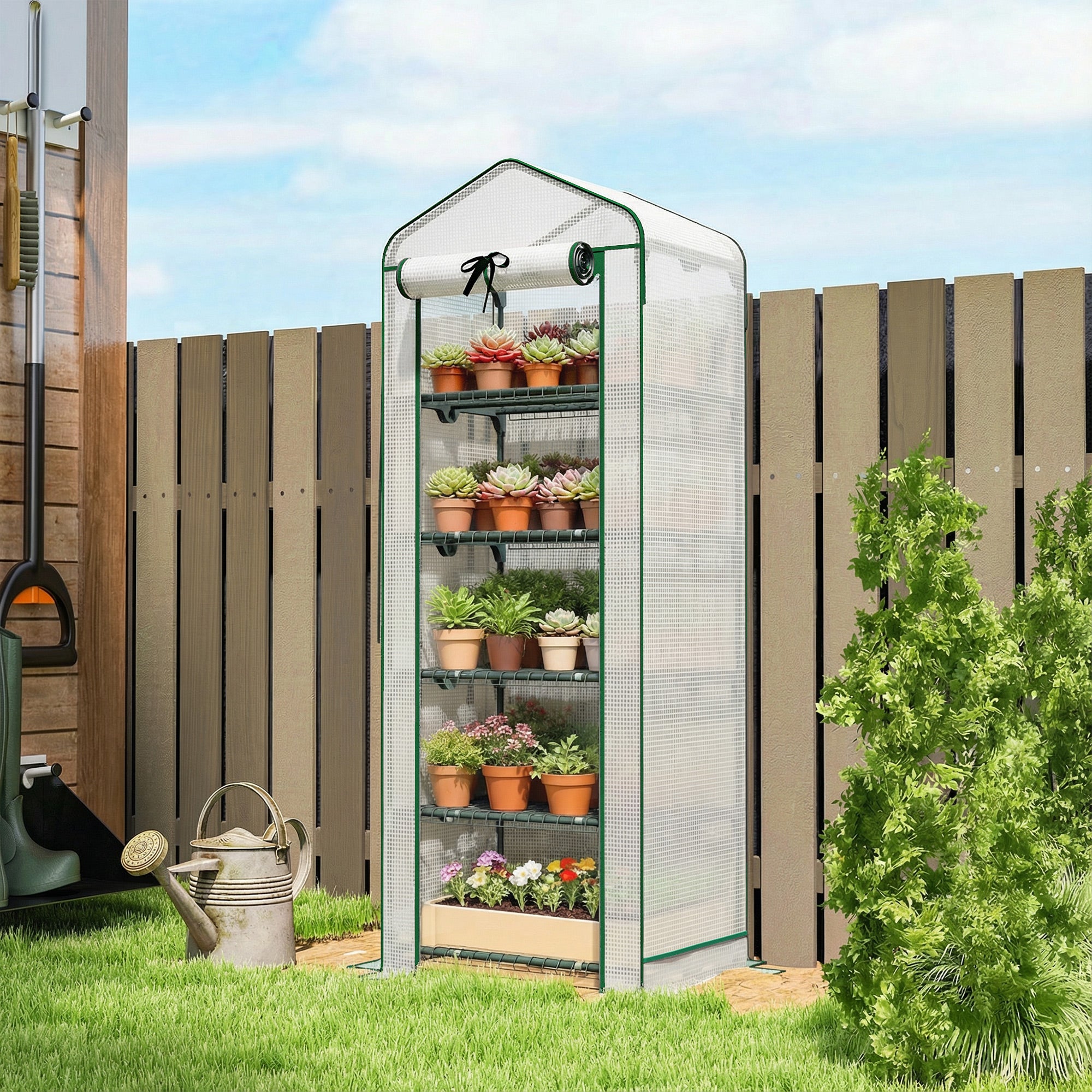 Mini Greenhouse with Screen Roof, 5 Tier Portable Small Greenhouse with High Strength PE Cover, White