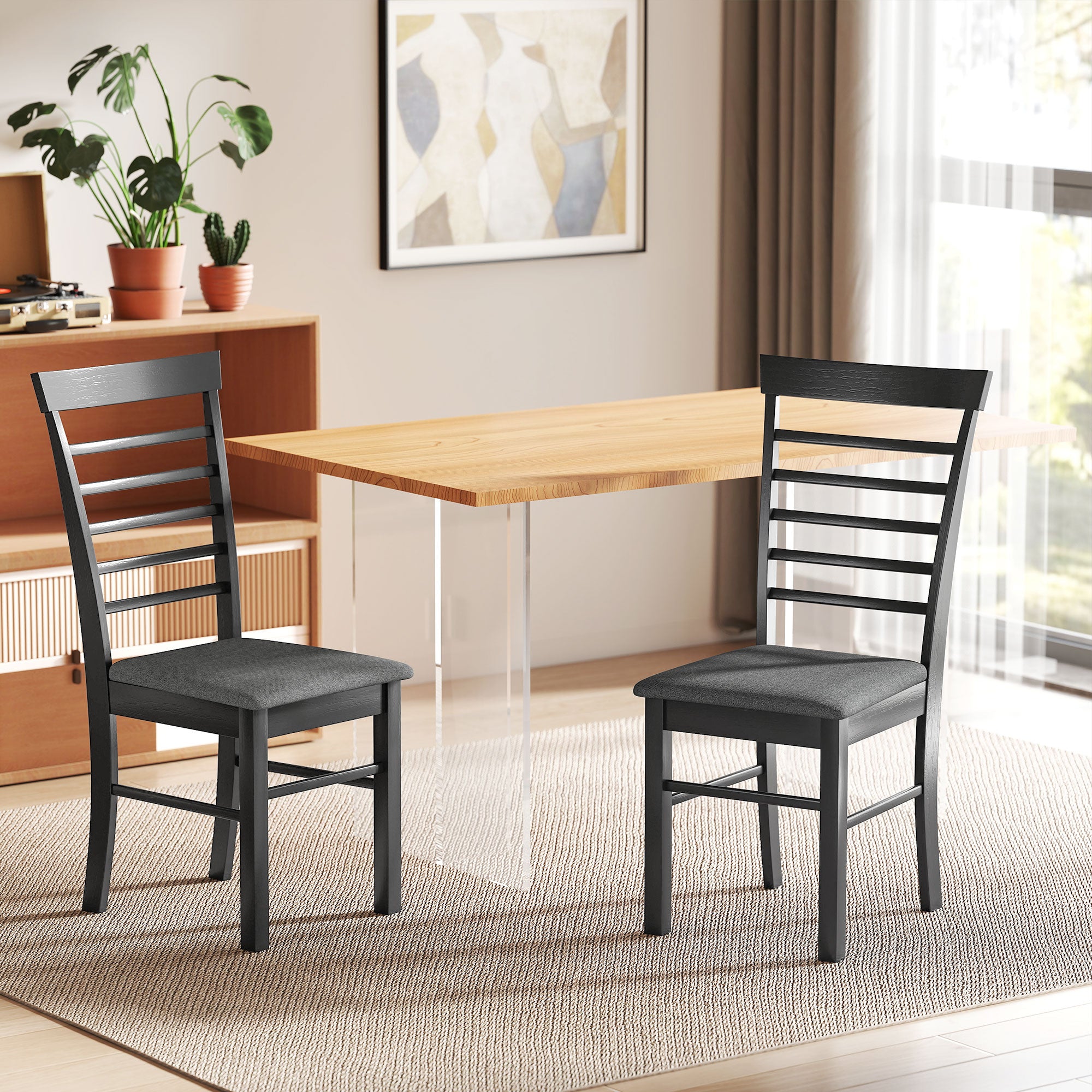 Wooden Dining Chairs Set of 2, Farmhouse Upholstered Kitchen Chairs with Rubber Wood Frame, Black and Gray