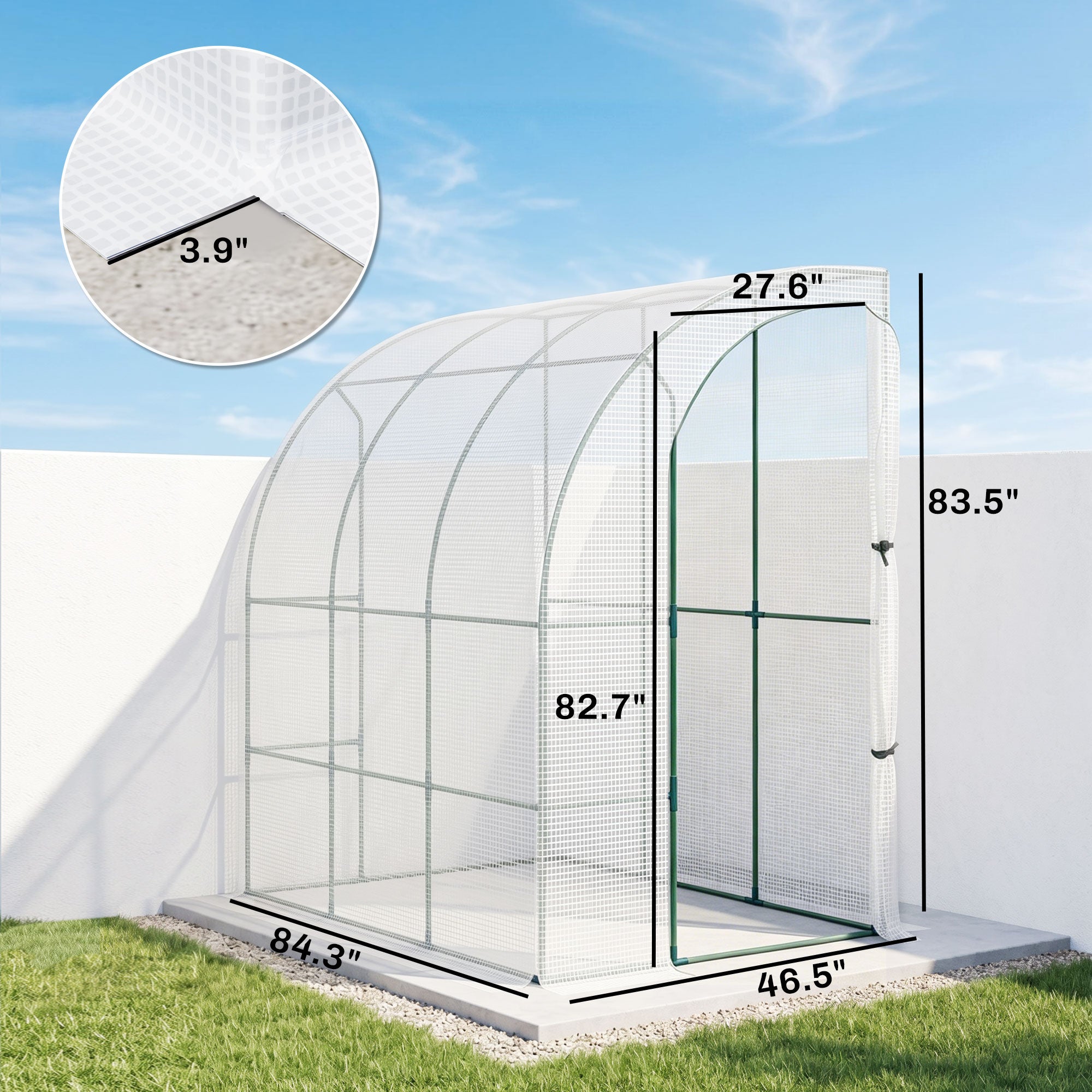 7' x 4' x 7' Outdoor Lean to Greenhouse, Walk-In Green House Plant Nursery with Roll-up Window, PE Cover, White