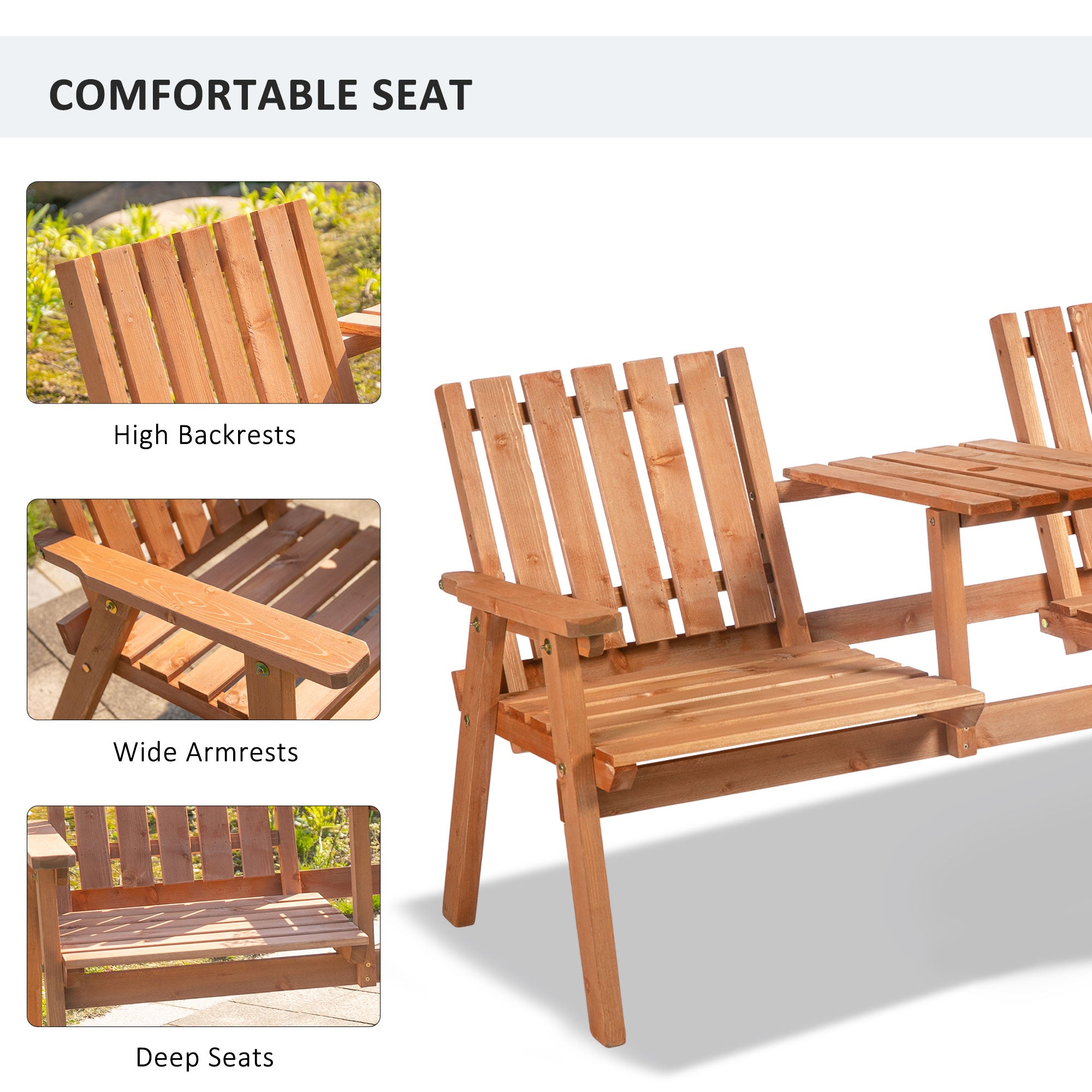 Patio Bench, Garden Bench with Middle Table and Umbrella Hole, Wooden Outdoor Bench for Patio, Porch, Poolside, Balcony, Orange