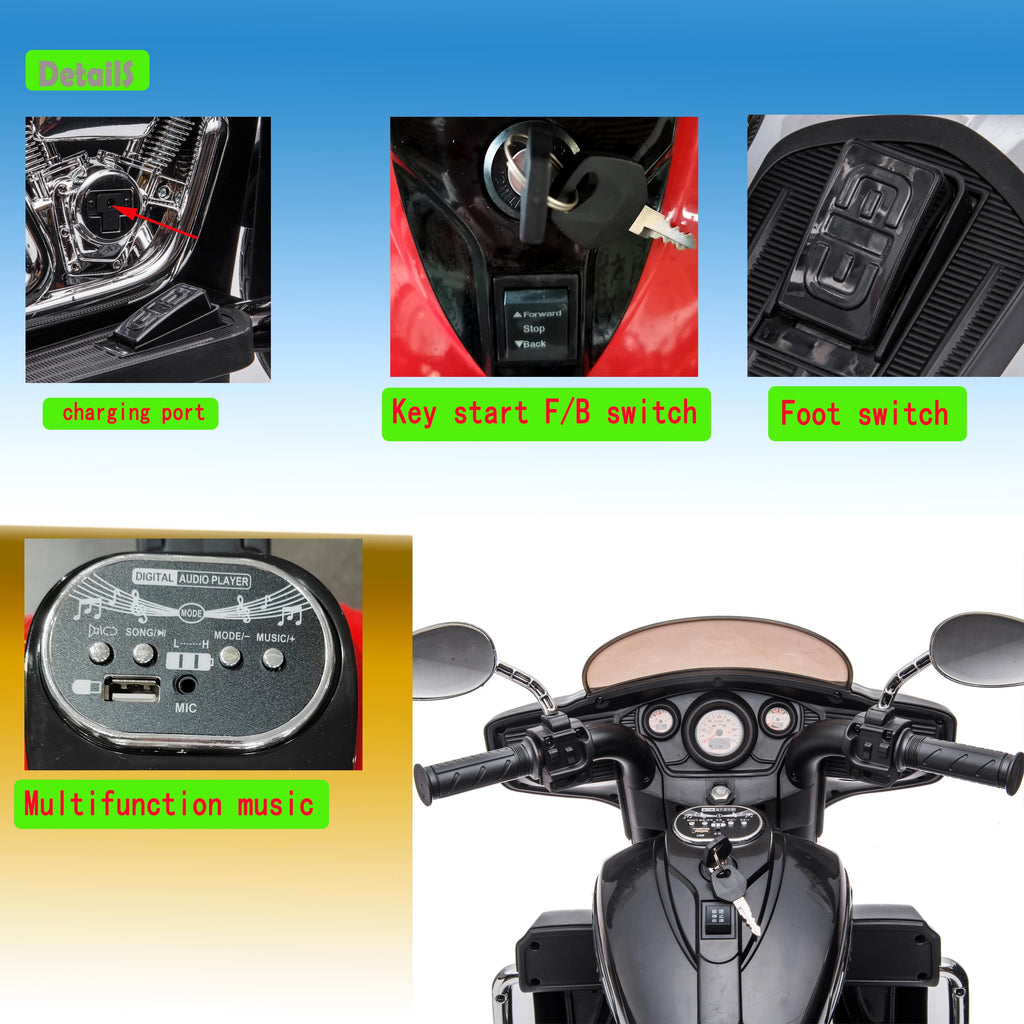 2-Seat 12V Kids Electric Ride-On Motorcycle with Storage Trunk, 3-Wheel Motorbike with MP3 and Bluetooth, 43.5'' L x 19'' W x 26.5'' H, Black