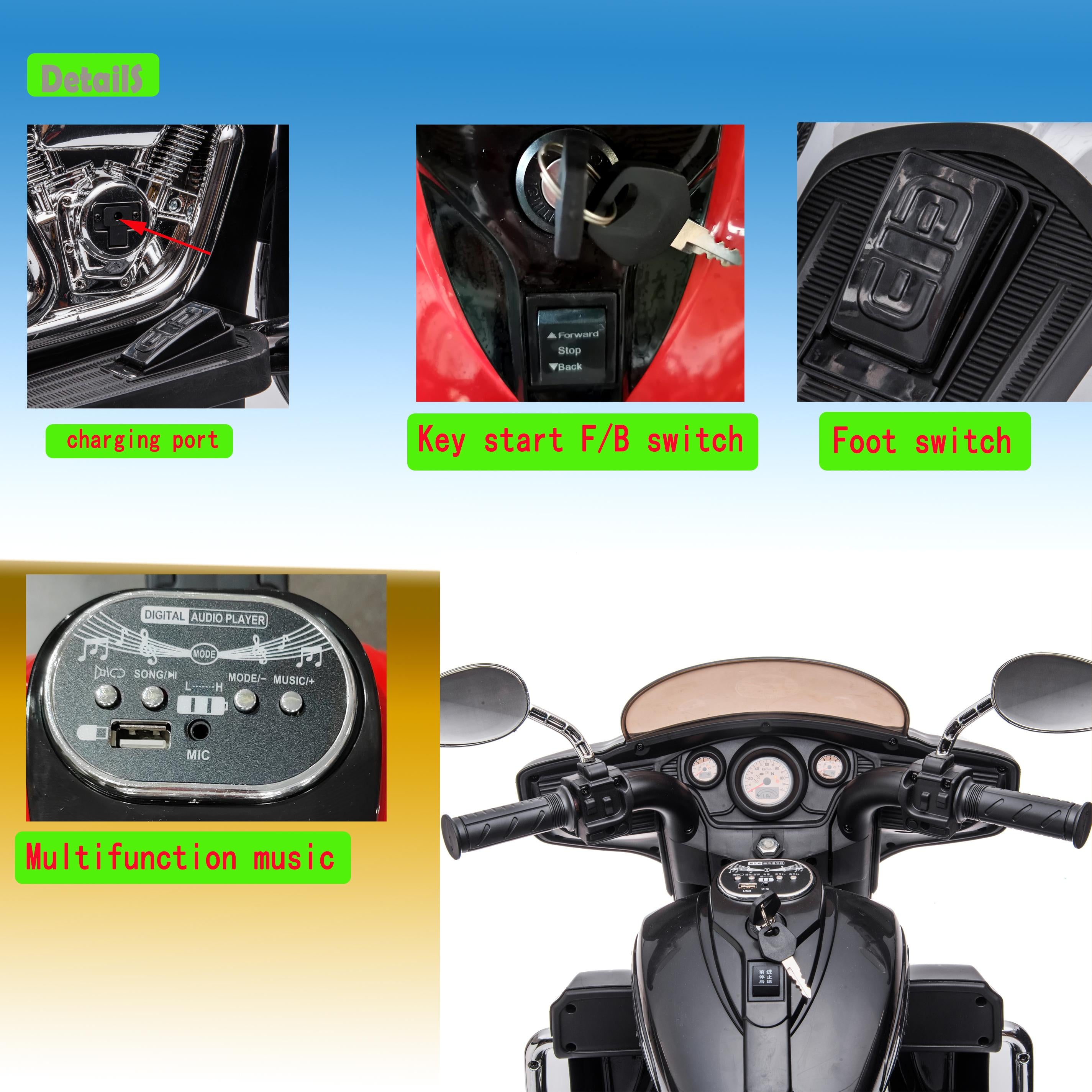 2-Seat 12V Kids Electric Ride-On Motorcycle with Storage Trunk, 3-Wheel Motorbike with MP3 and Bluetooth, 43.5'' L x 19'' W x 26.5'' H, Black