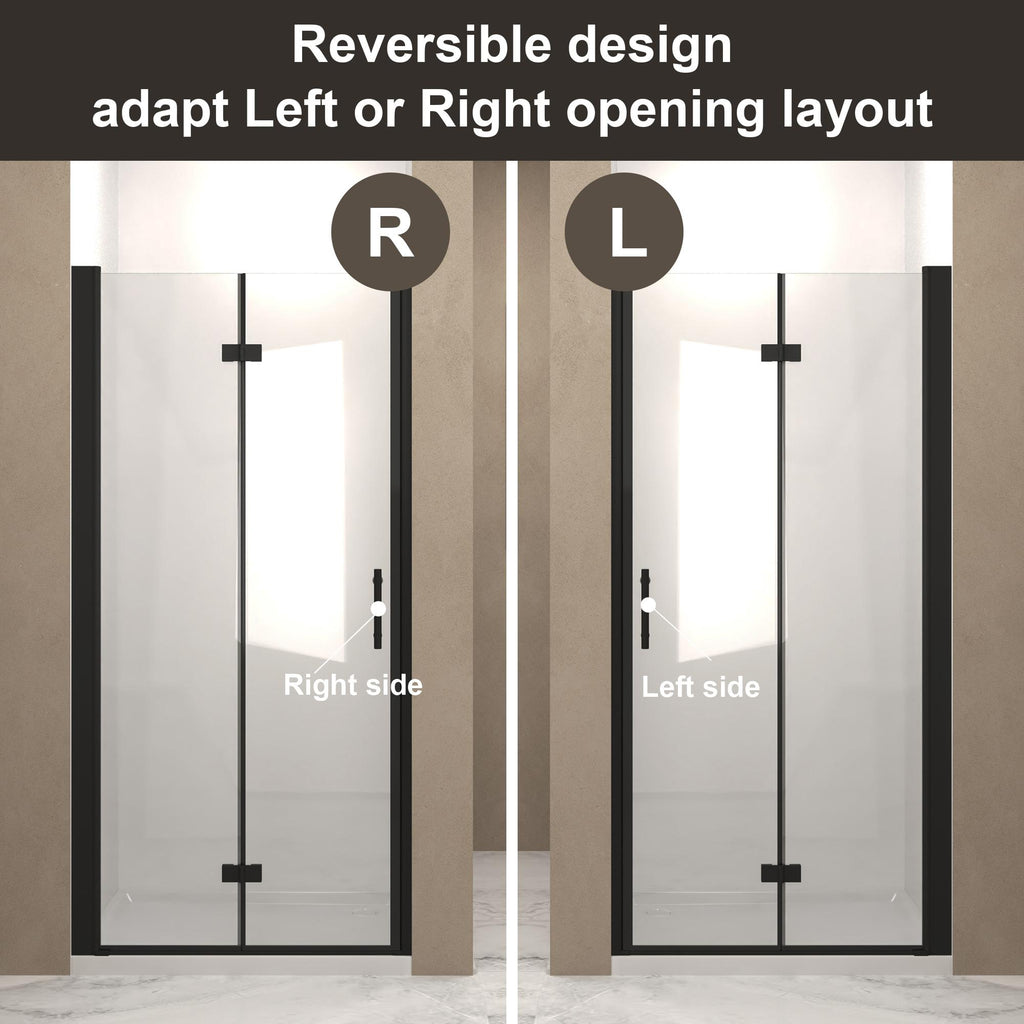 28" Bi-Fold Shower Door with Safety Film and Tempered Glass, Bathroom Door with Stainless Steel Handle, 28" L x 0.5" W x 72" H, Matte Black