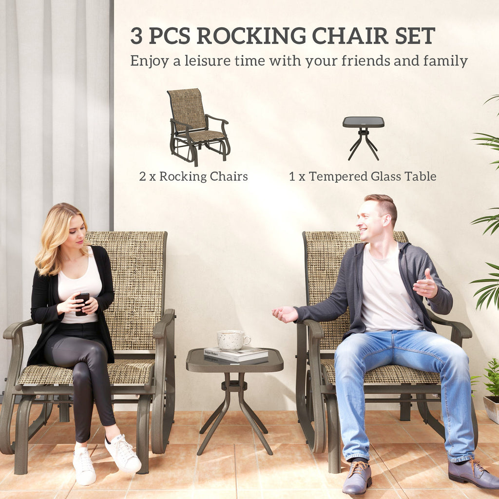 3-Piece Outdoor Gliders Set Bistro Set with Steel Frame, Tempered Glass Top Table for Patio, Garden, Light Mixed Brown