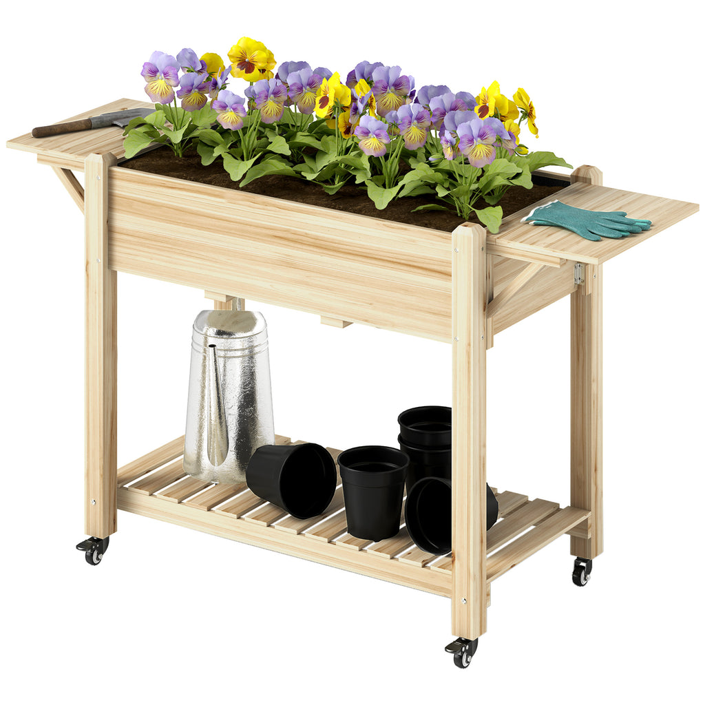 Wood Raised Planter Box, Elevated Garden Bed with Lockable Wheels, Side Tables, Bottom Shelf, Drain Holes, Natural