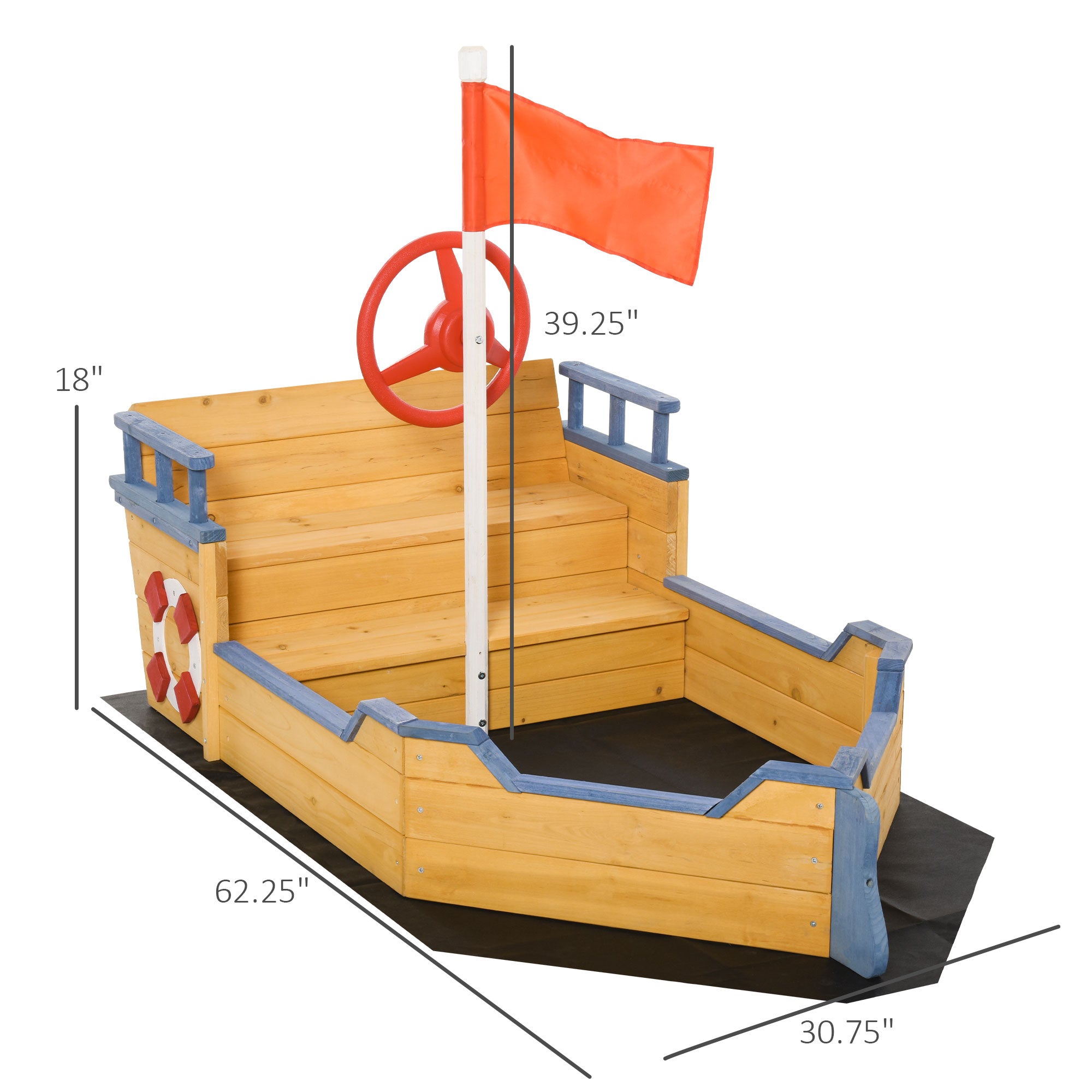 Kids Wooden Sandbox Pirate Ship Sandboat w/ Bench Seat Storage Space Ceder Wood