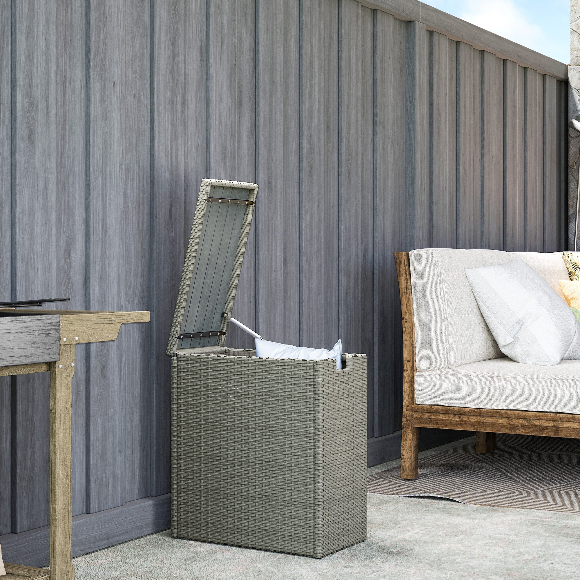 17-Gallon Small Deck Box, Wicker Outdoor Storage Box with Acacia Wood Top for Patio Cushions and Garden Tools, Gray